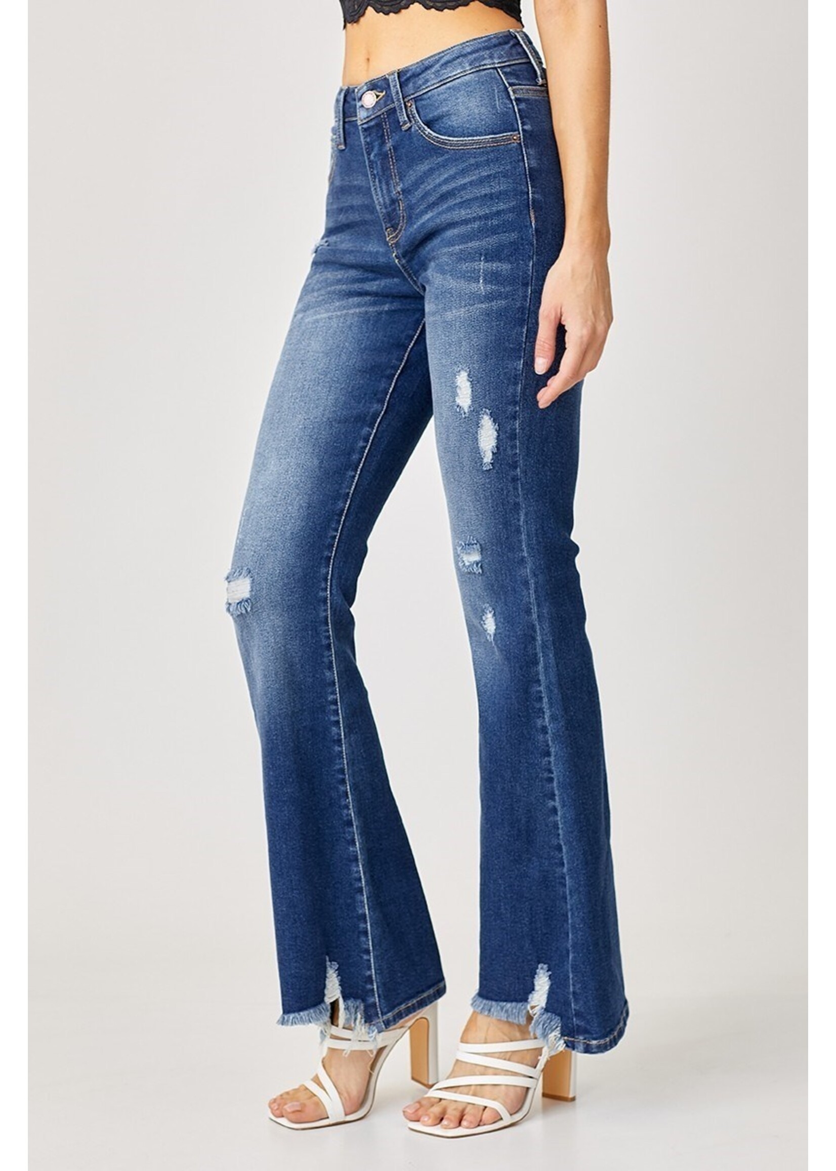 Risen High Rise Distressed Flare Jeans