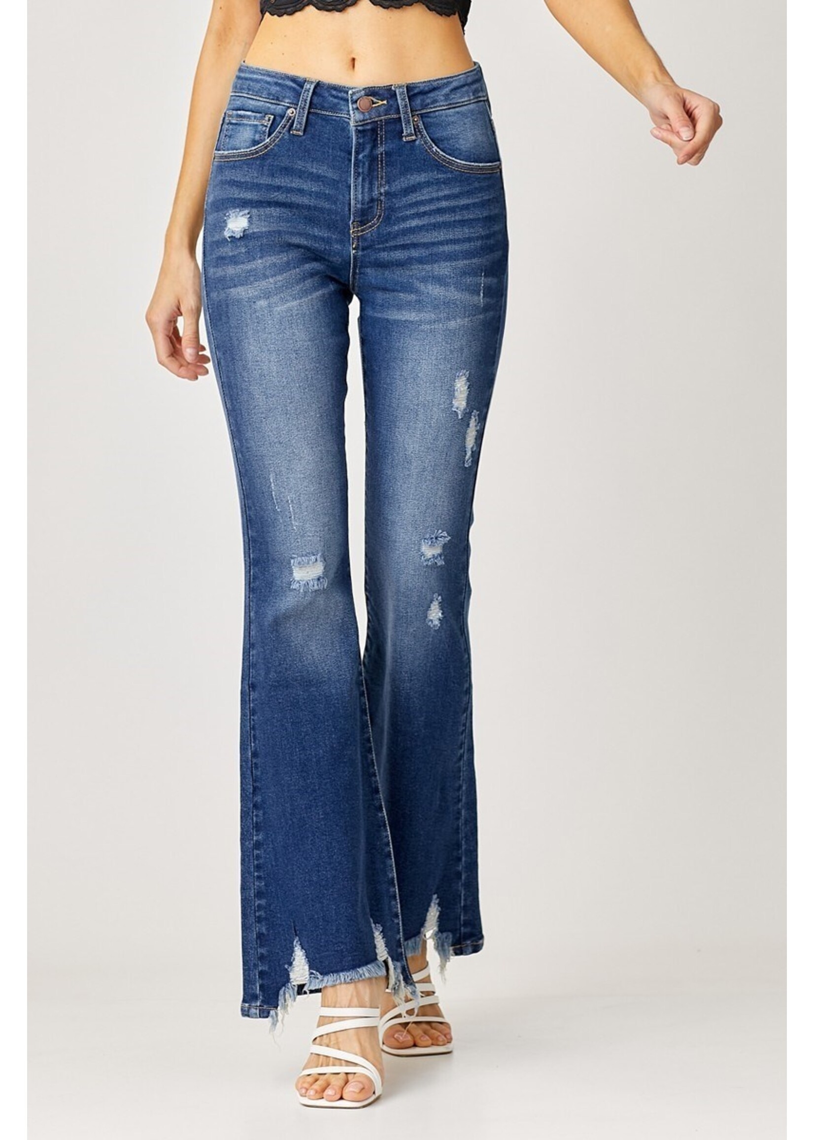 Risen High Rise Distressed Flare Jeans