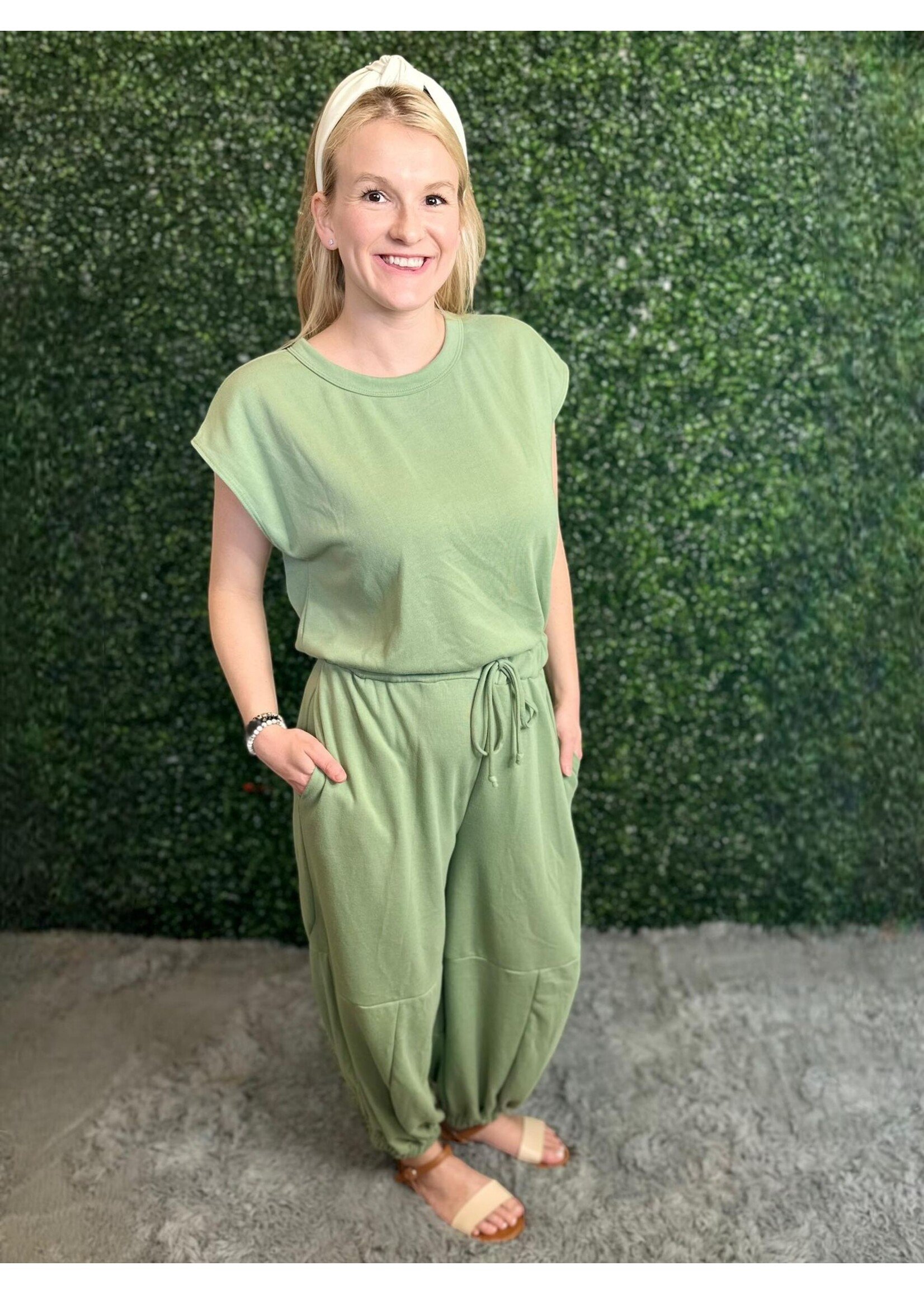 Wisteria Lane Sage Relaxed French Terry Jumpsuit