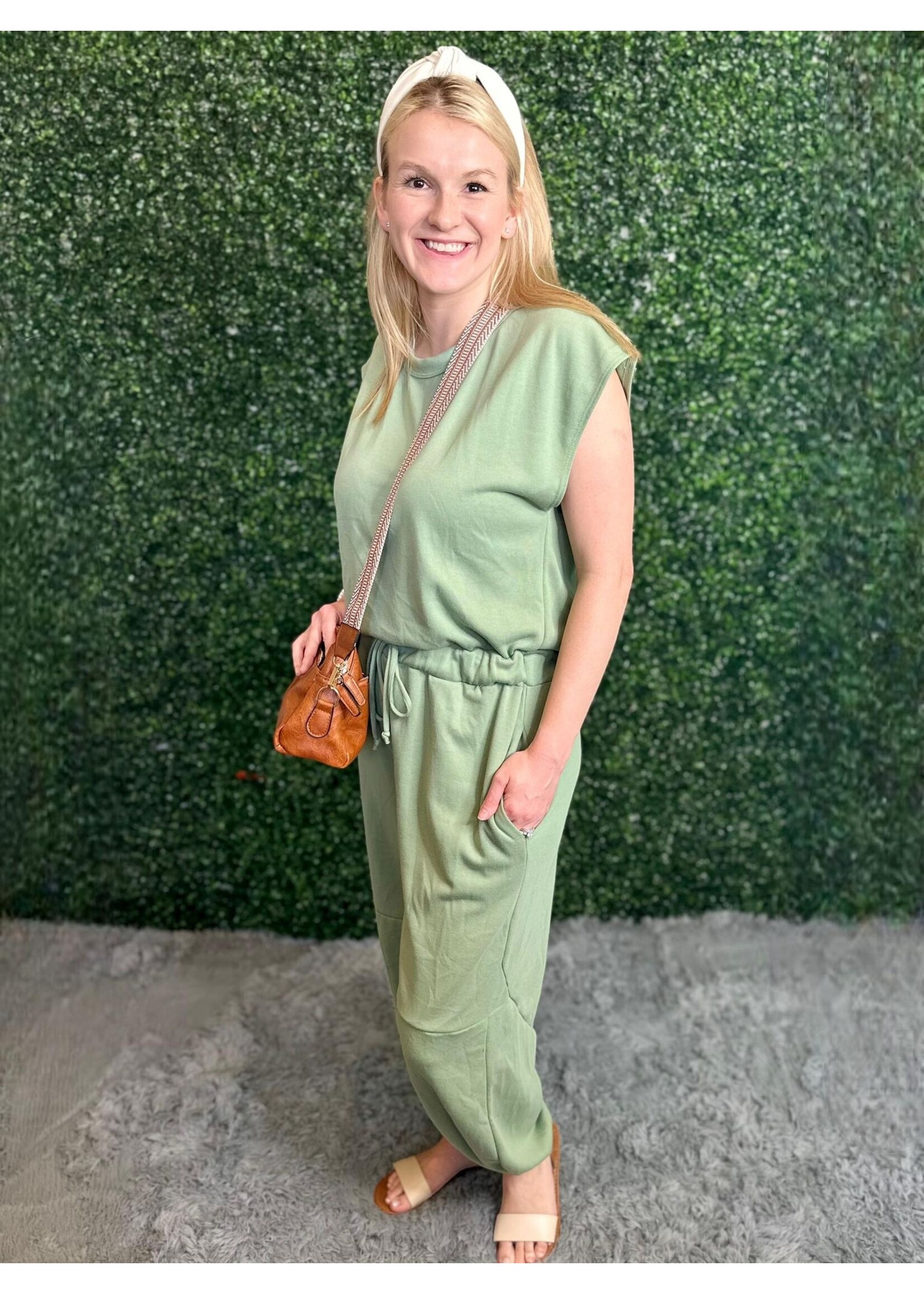 Wisteria Lane Sage Relaxed French Terry Jumpsuit