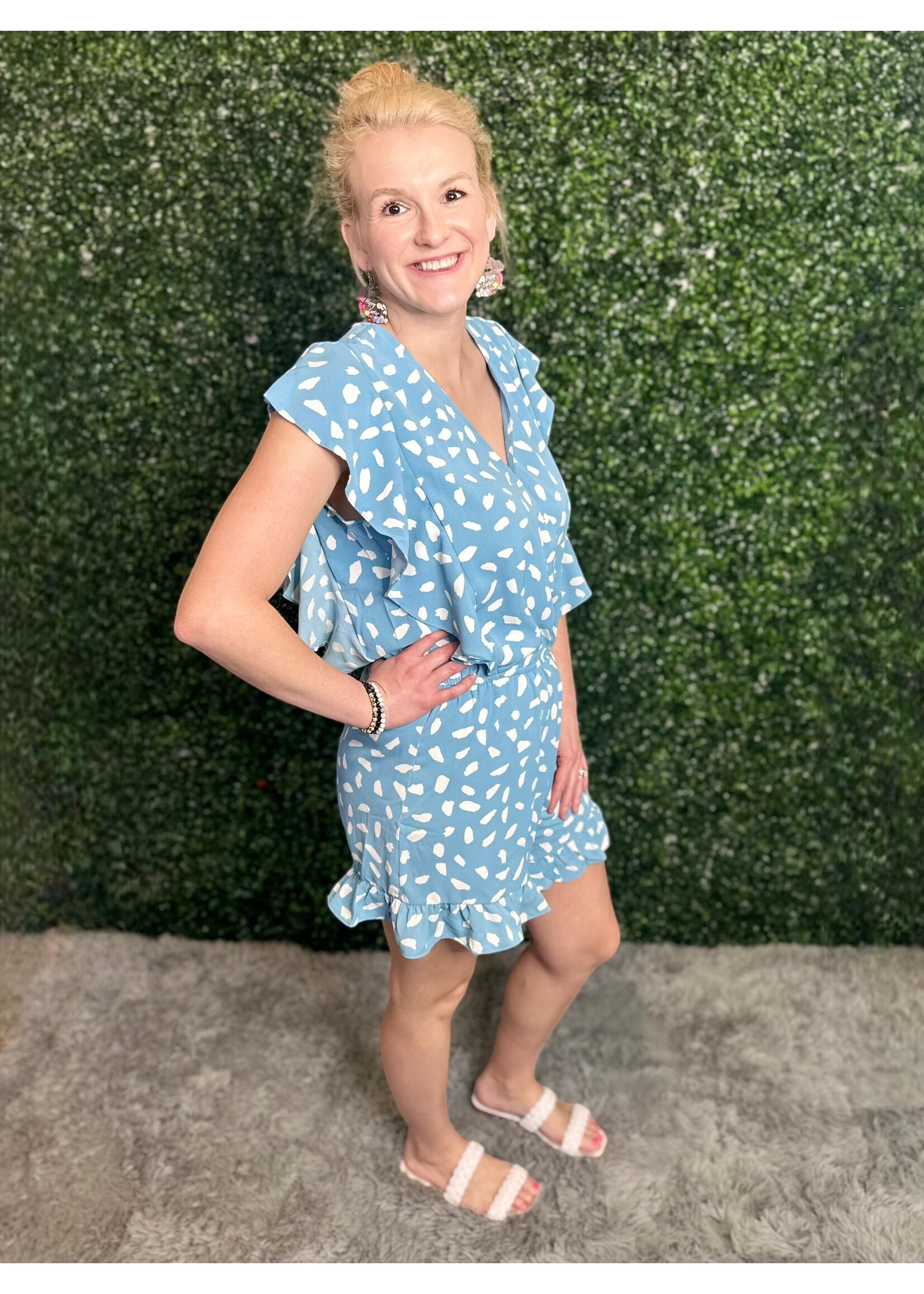 Umgee Blue Dalmatian Print Ruffle Romper