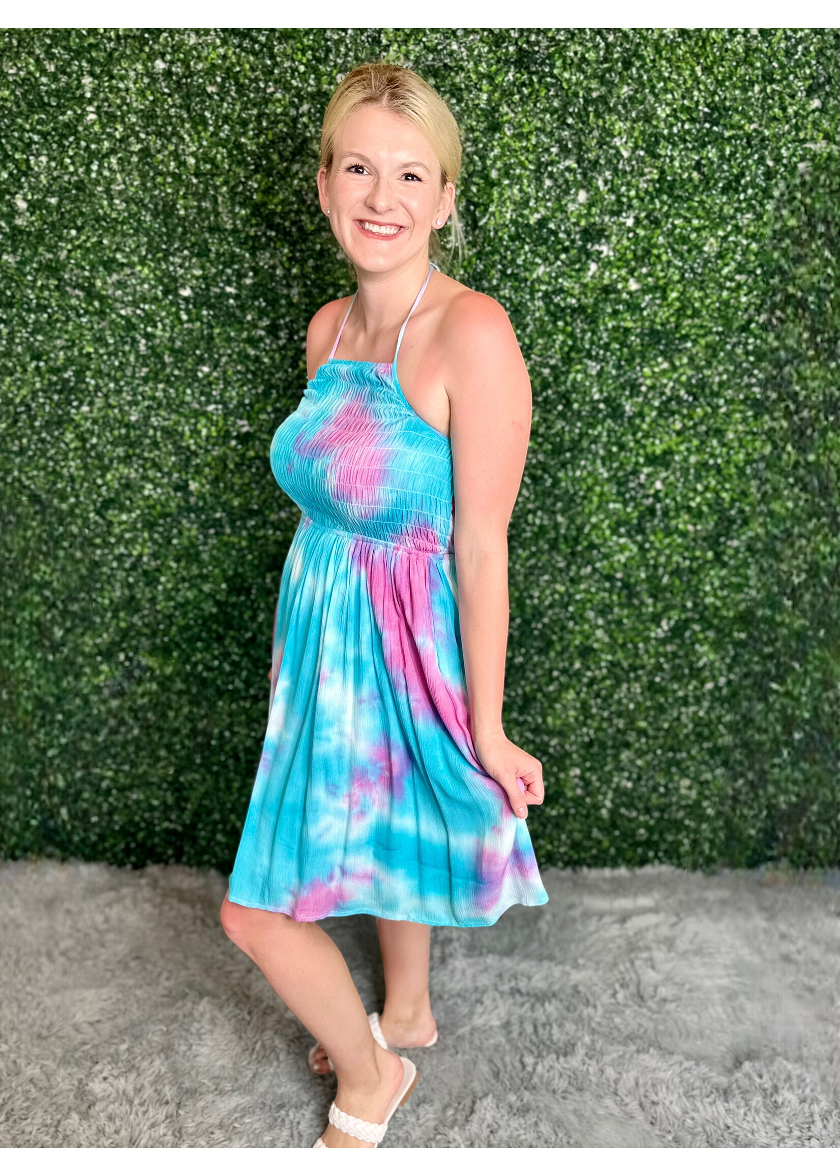 Smocked Tie Dye Halter Mini Dress