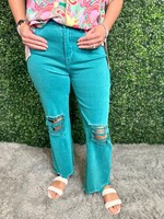 Zenana Teal Acid Wash High Waist Distressed Jeans