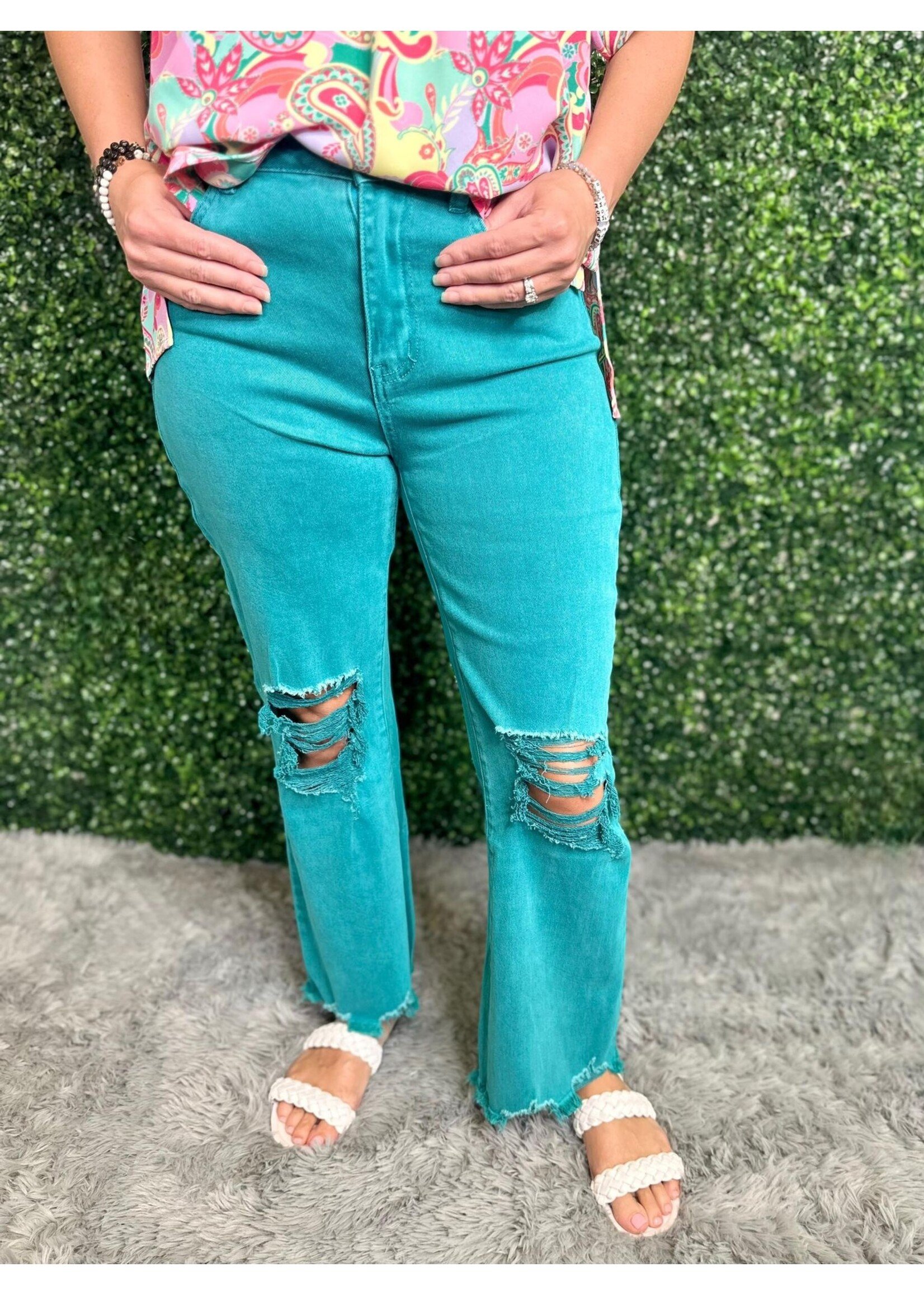 Zenana Teal Acid Wash High Waist Distressed Jeans