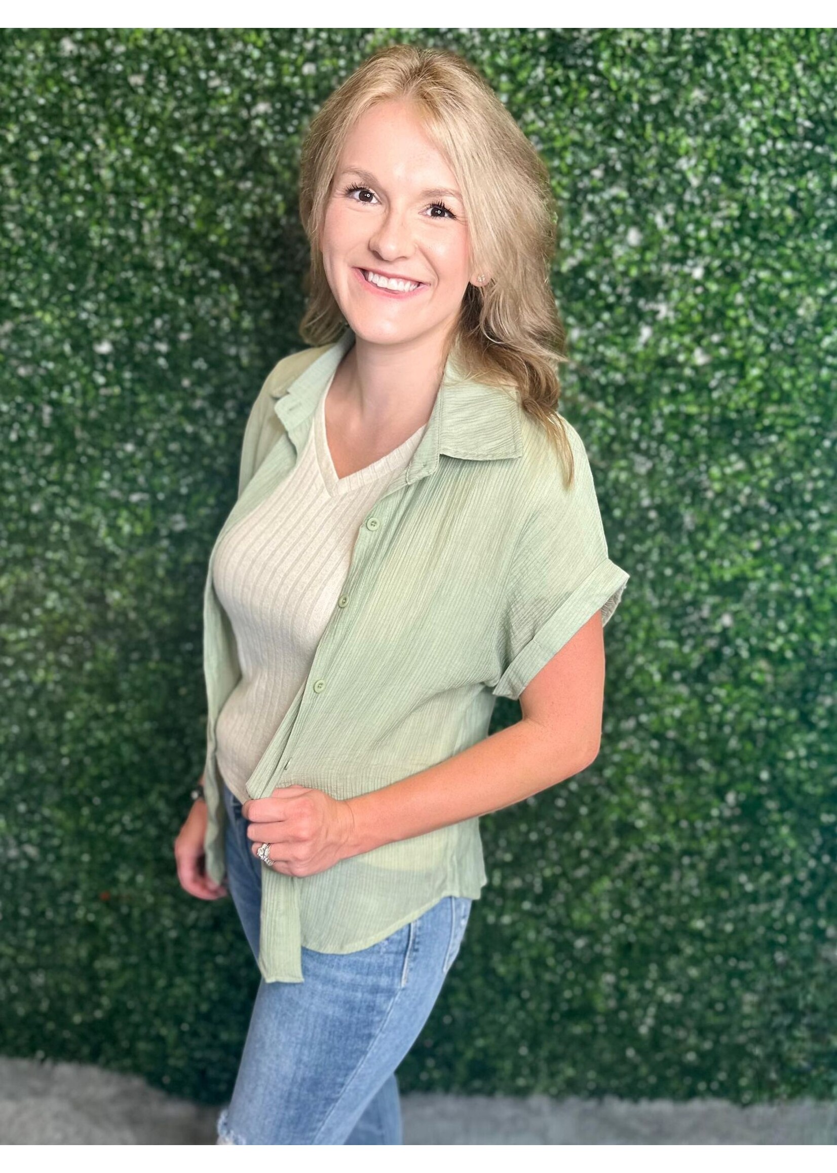 Olive Crinkle Short Sleeve Button Up Top