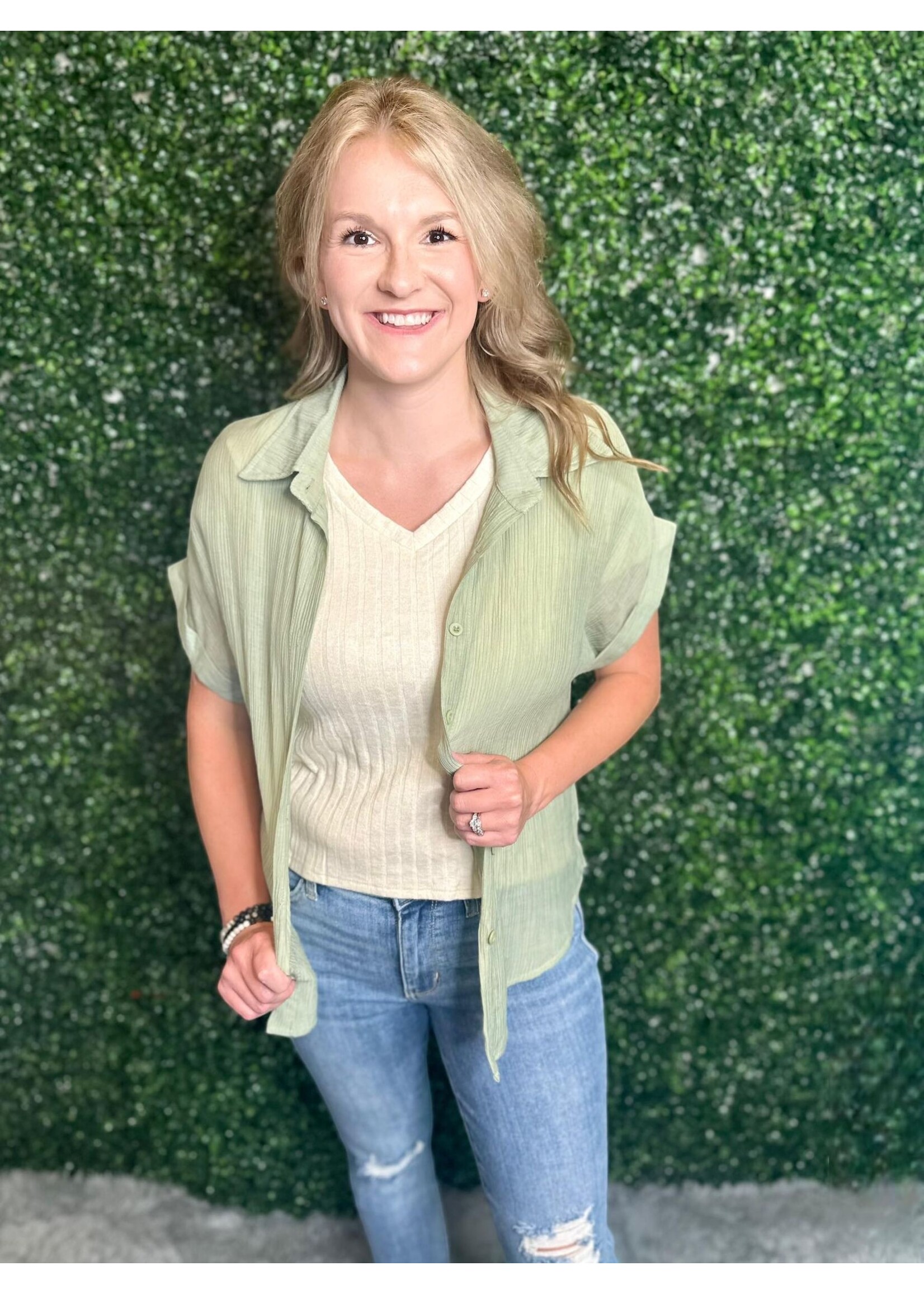 Olive Crinkle Short Sleeve Button Up Top