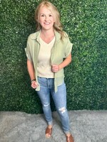 Olive Crinkle Short Sleeve Button Up Top