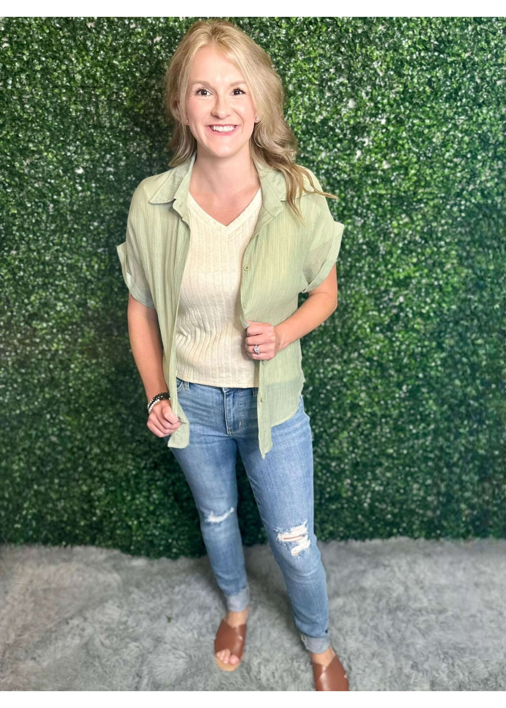 Olive Crinkle Short Sleeve Button Up Top