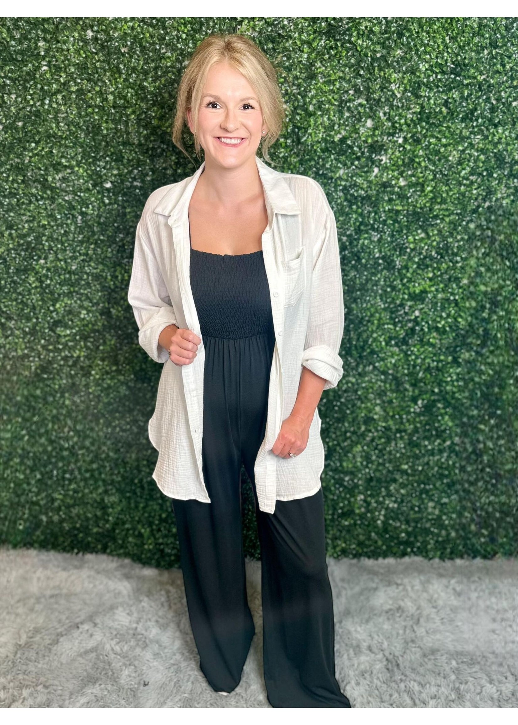 Black Smocked Wide Leg Jumpsuit