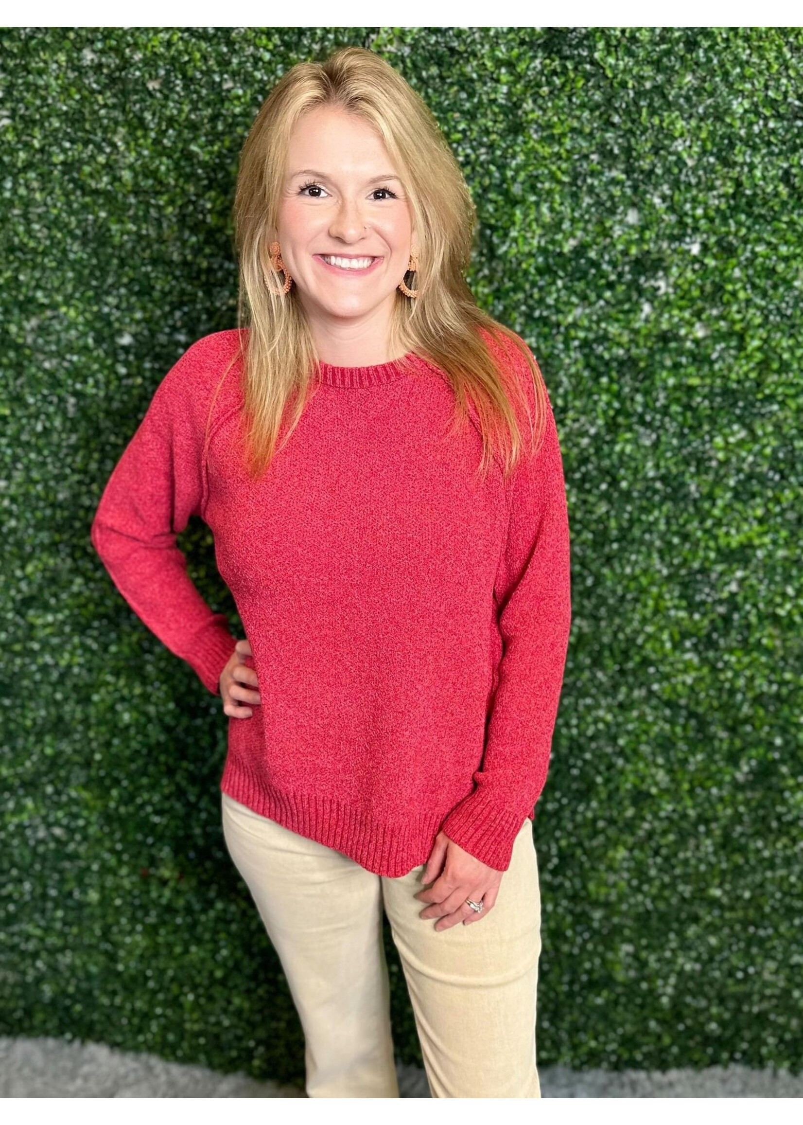 Zenana Red Chenille Raglan Sweater