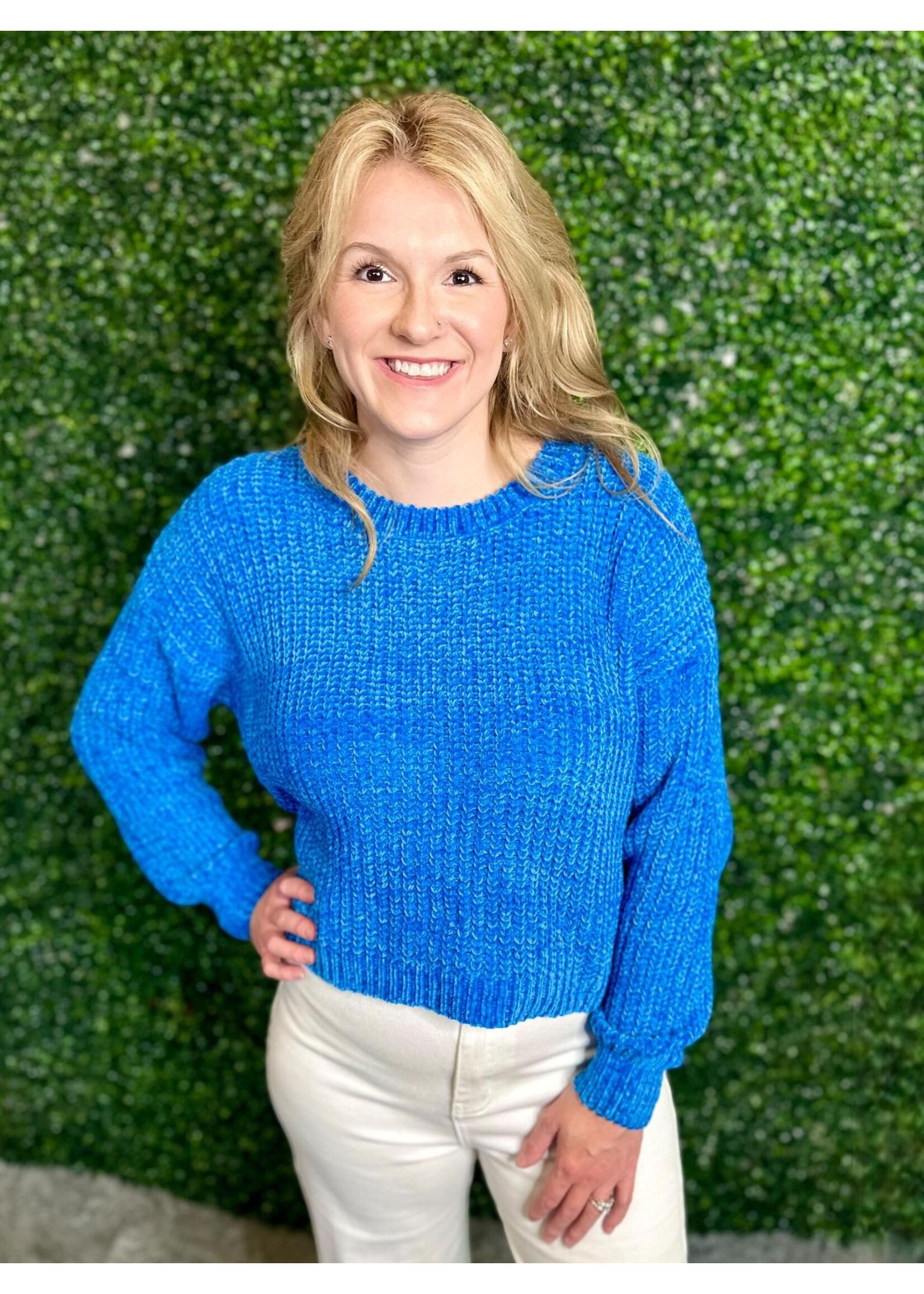 Zenana Ocean Blue Chenille Round Neck Crop Sweater