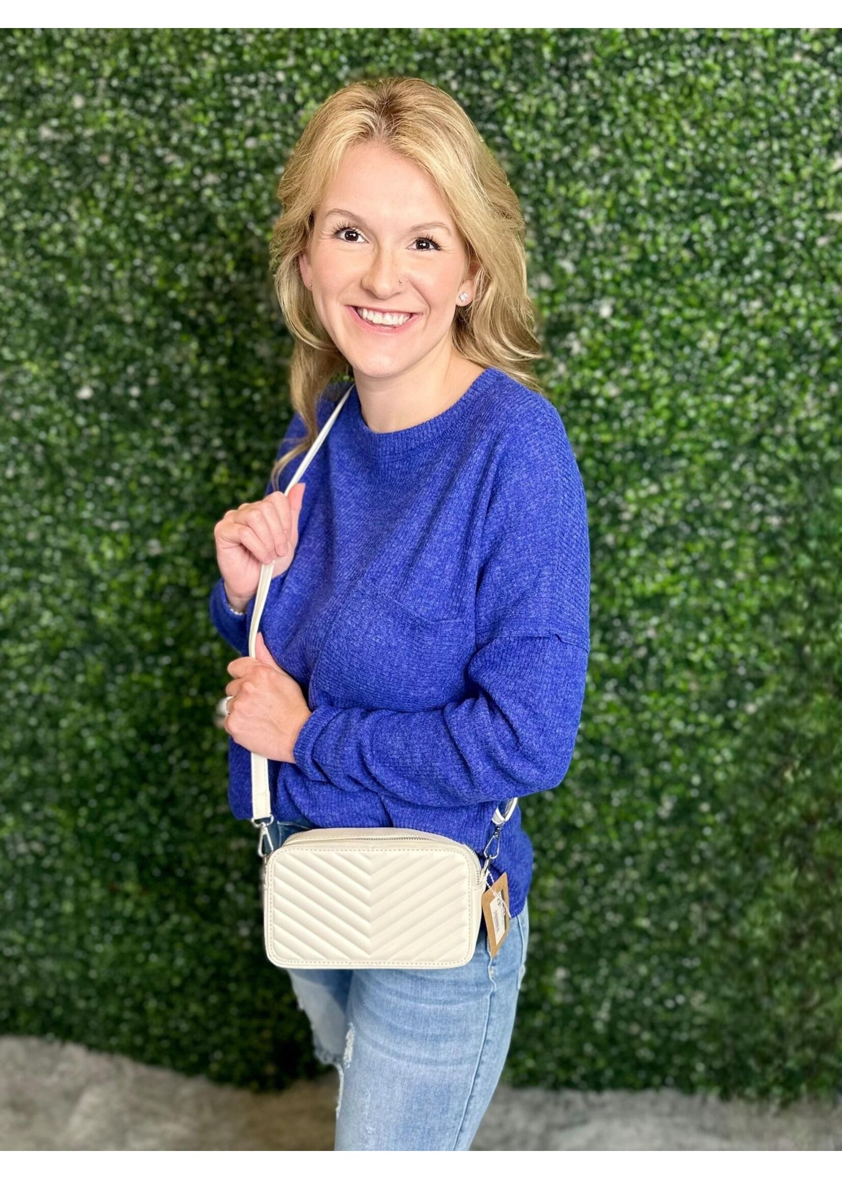 Zenana Blue Ribbed Brushed Melange Pocket Sweater