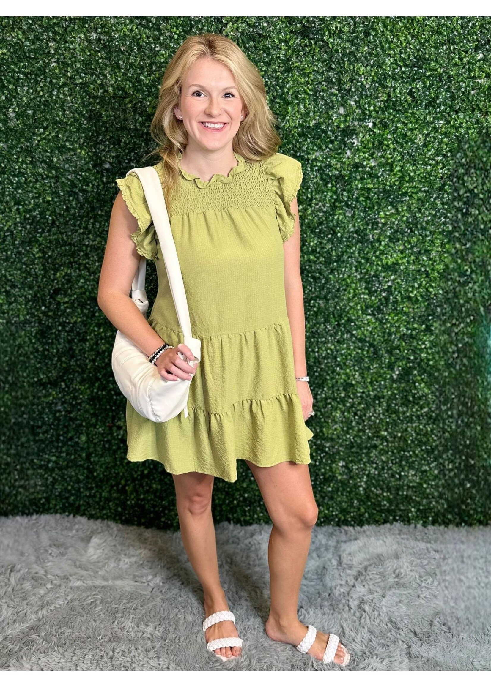 Umgee Green Tea Smocked Detail Dress w/ Ruffles