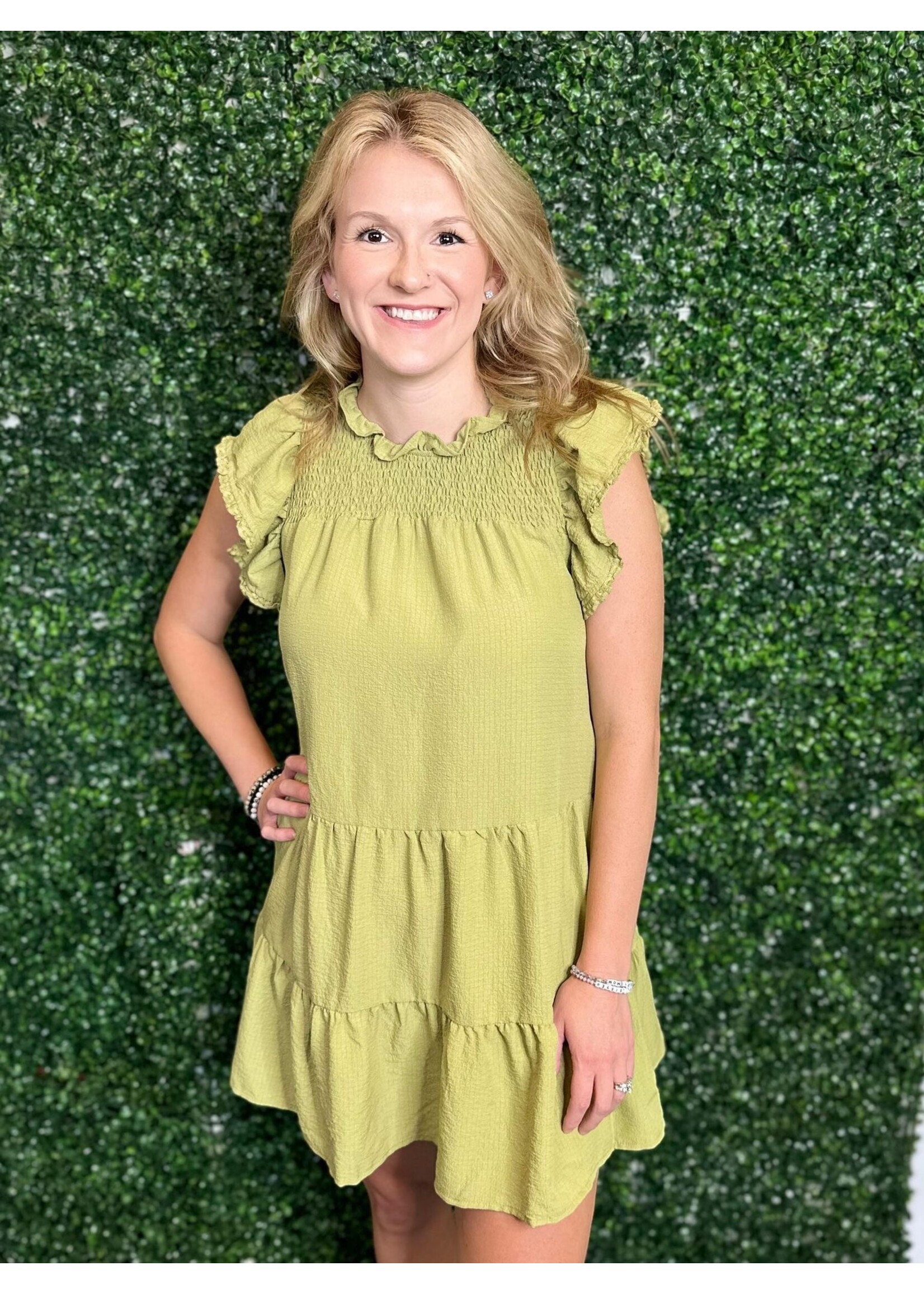 Umgee Green Tea Smocked Detail Dress w/ Ruffles