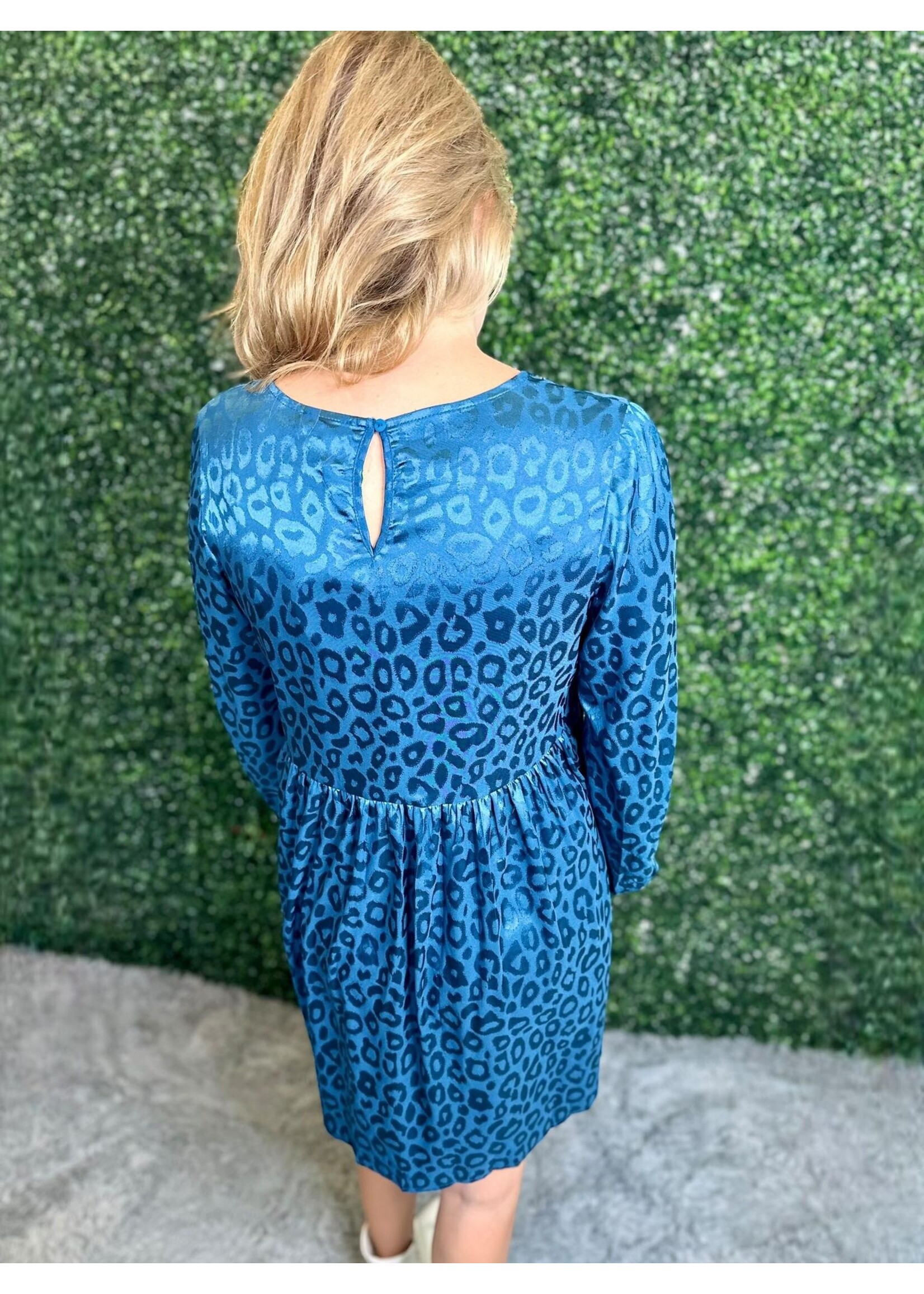 Umgee Teal Animal Jacquard Print Long Sleeve Dress