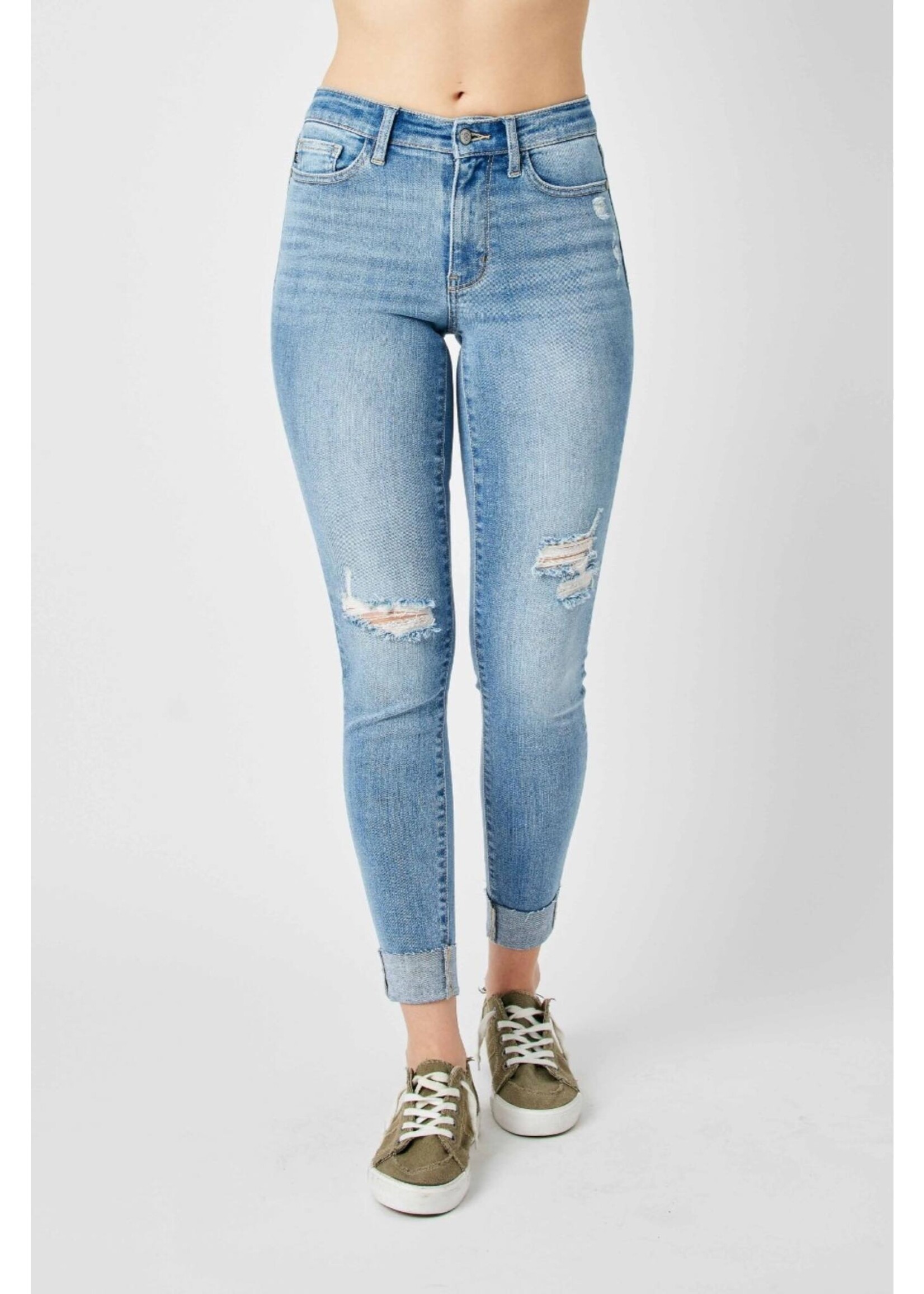 Judy Blue Mid Rise Destroy Cuffed Skinny Jeans