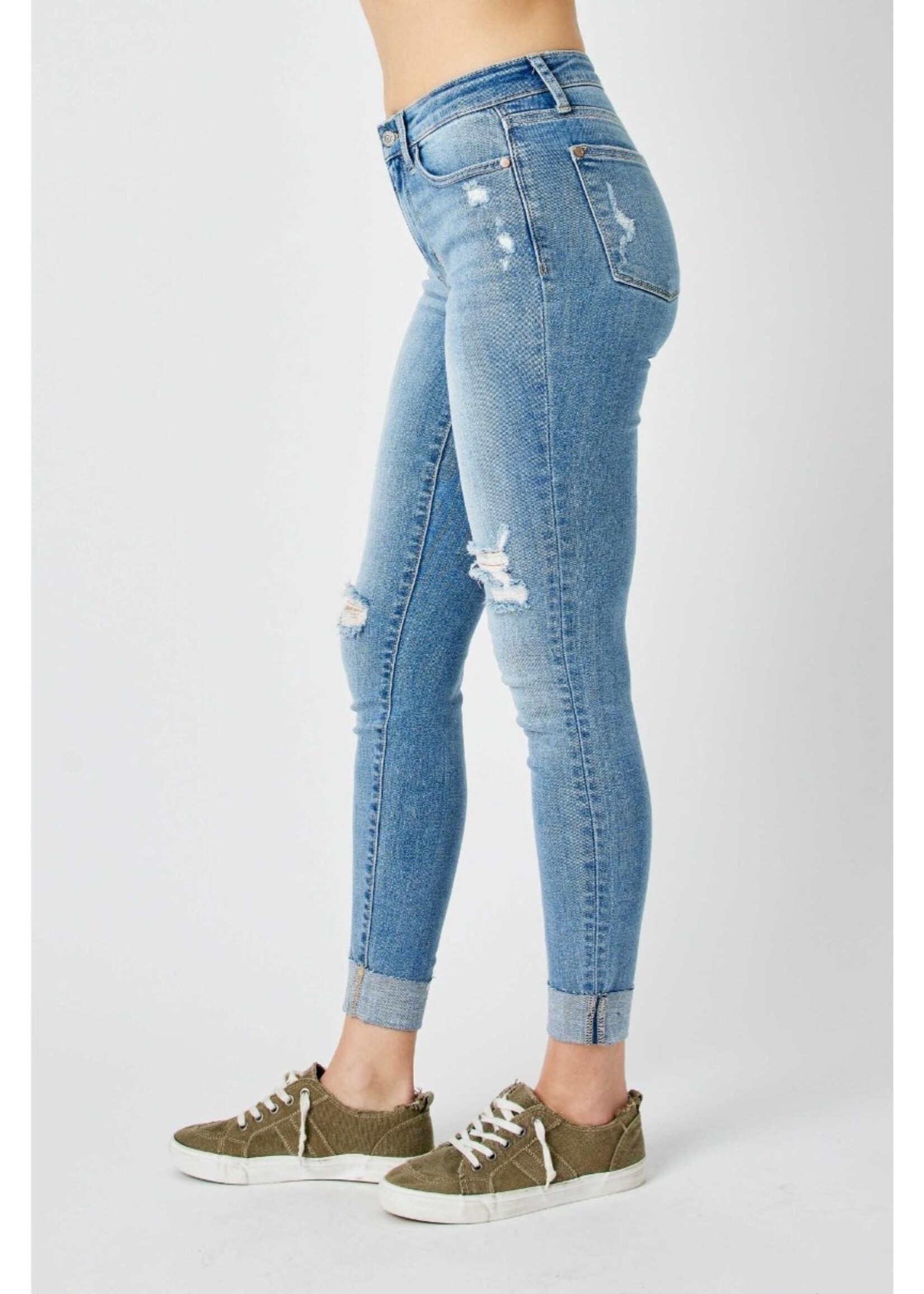 Judy Blue Mid Rise Destroy Cuffed Skinny Jeans