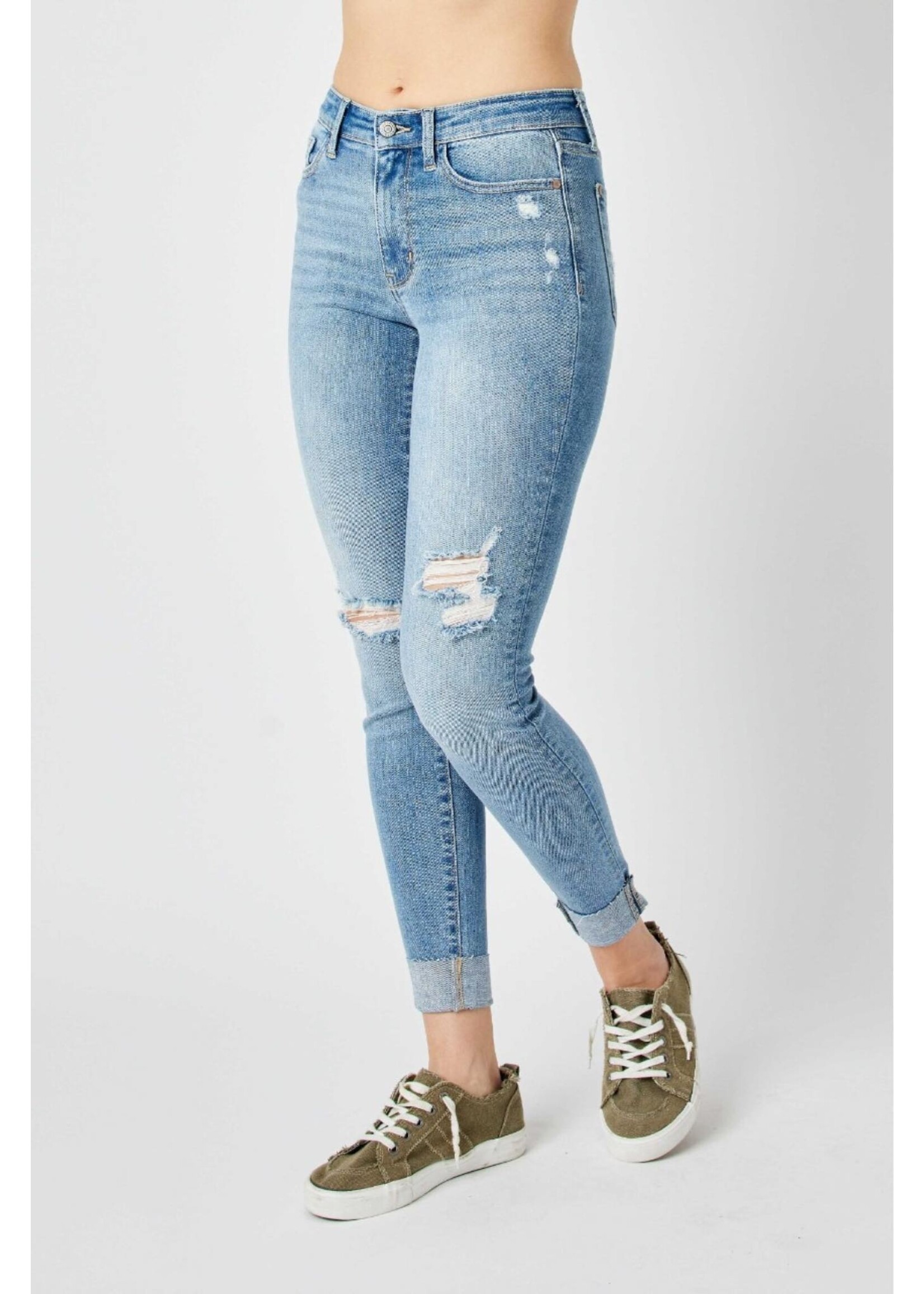 Judy Blue Mid Rise Destroy Cuffed Skinny Jeans