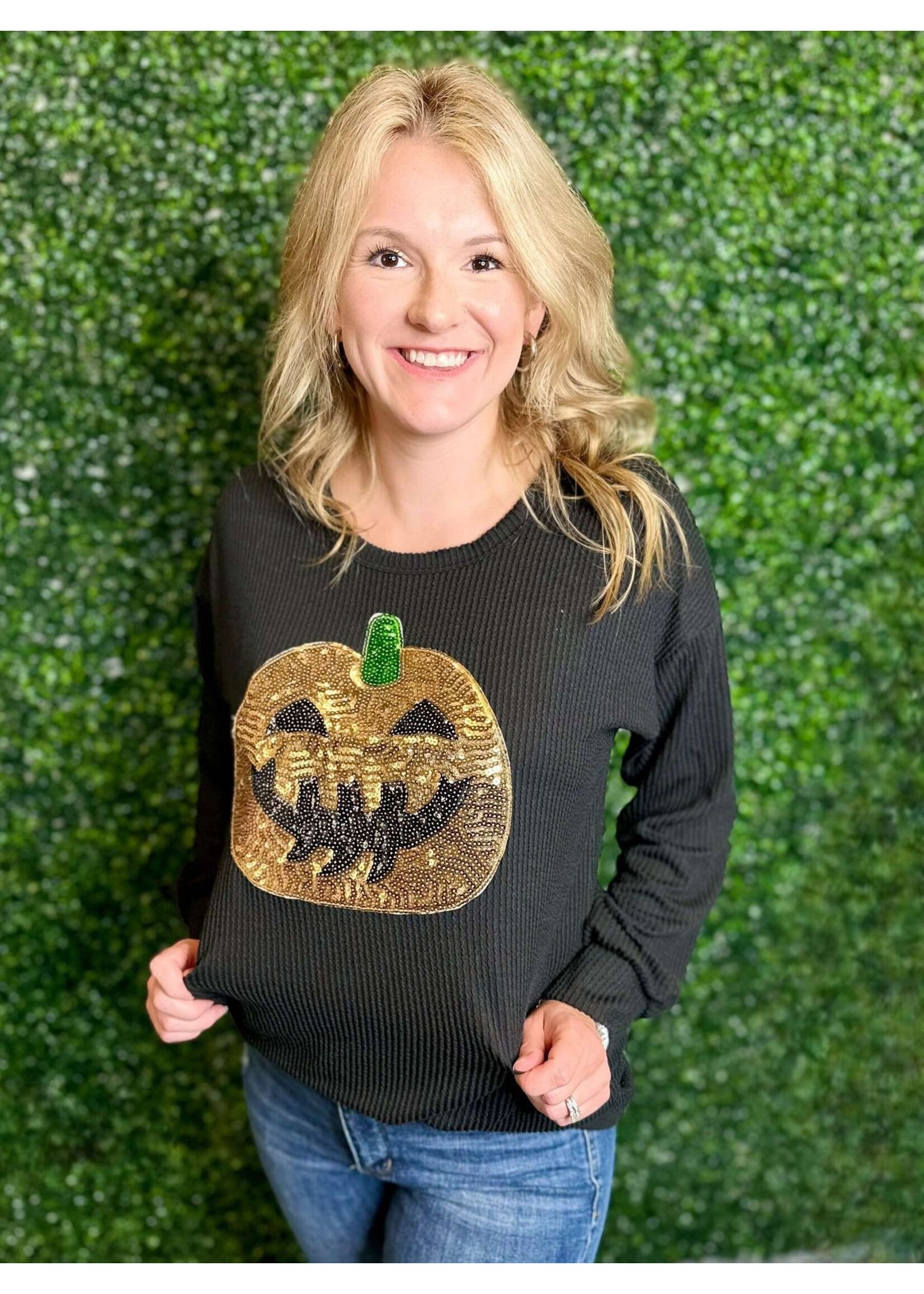 Sequin Pumpkin Ribbed Sweatshirt