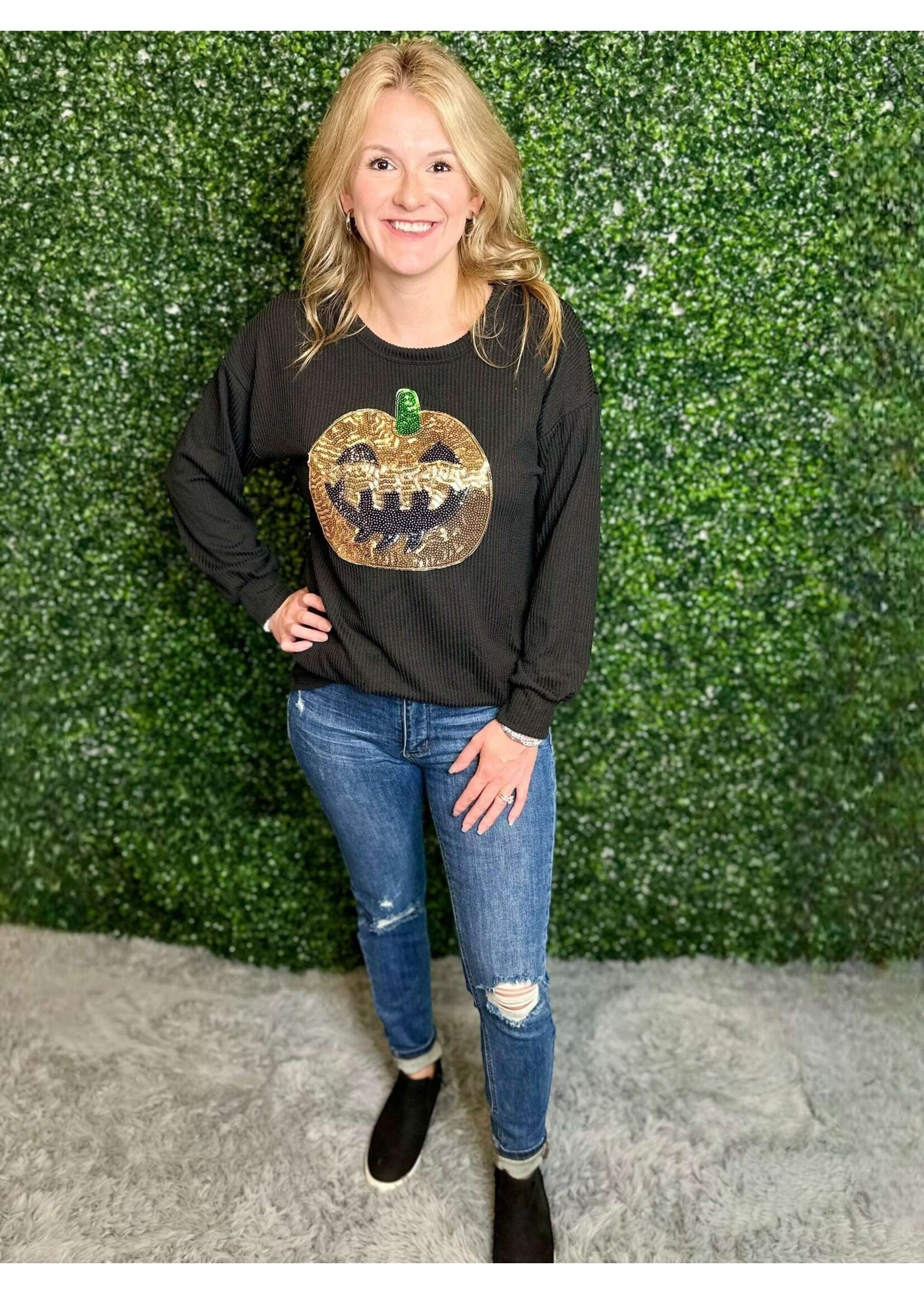 Sequin Pumpkin Ribbed Sweatshirt