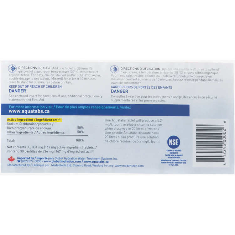 Aquatabs Comprimés de purification d'eau Aquatabs pour 20-25L / comprimé - Paquet de 30