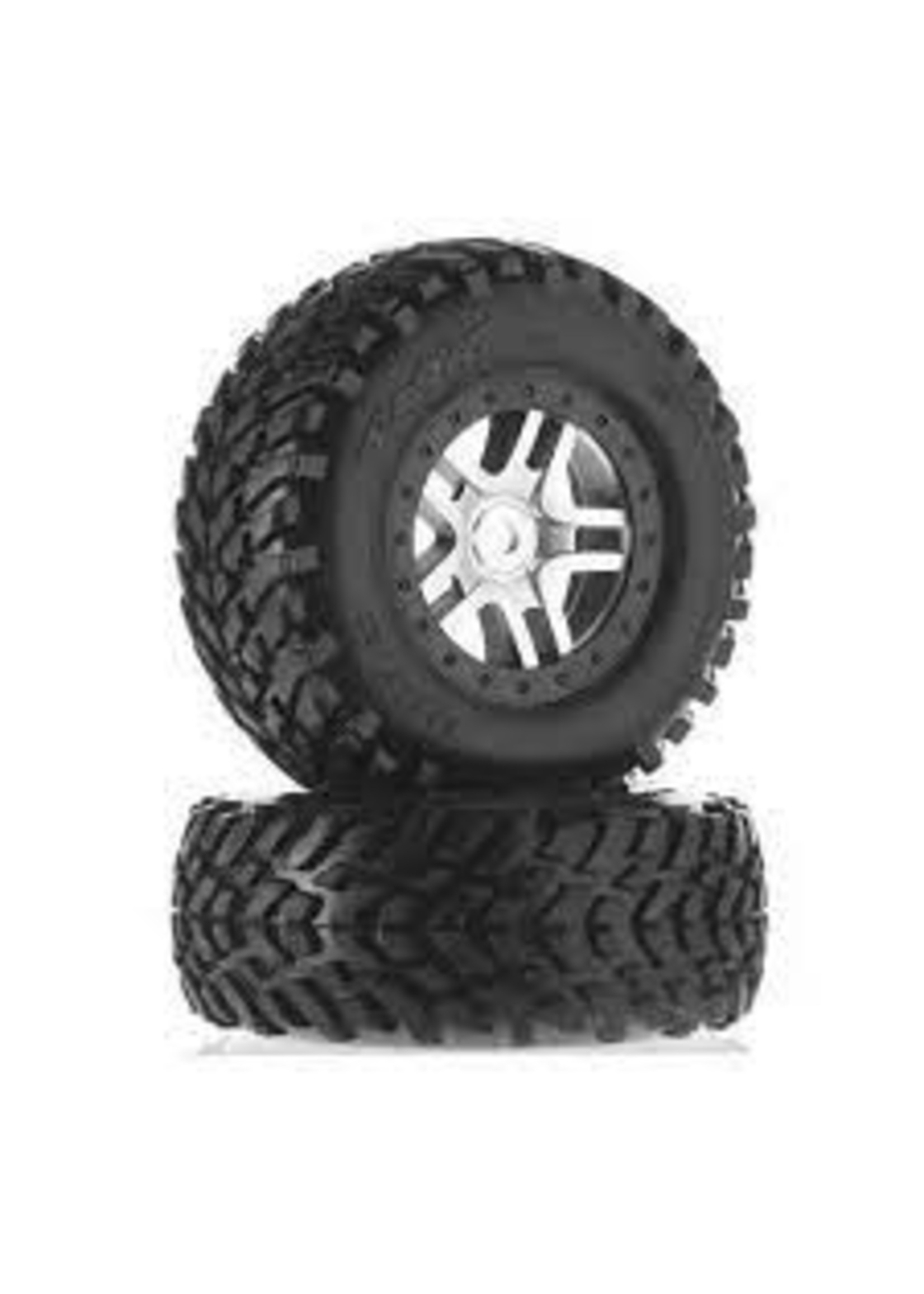 Traxxas 5975X Tires & wheels, assembled, glued (S1 compound) (SCT Split-Spoke satin chrome, black beadlock style wheels, dual profile (2.2' outer, 3.0' inner), SCT off-road racing tires, foam inserts) (2) (front/rear)