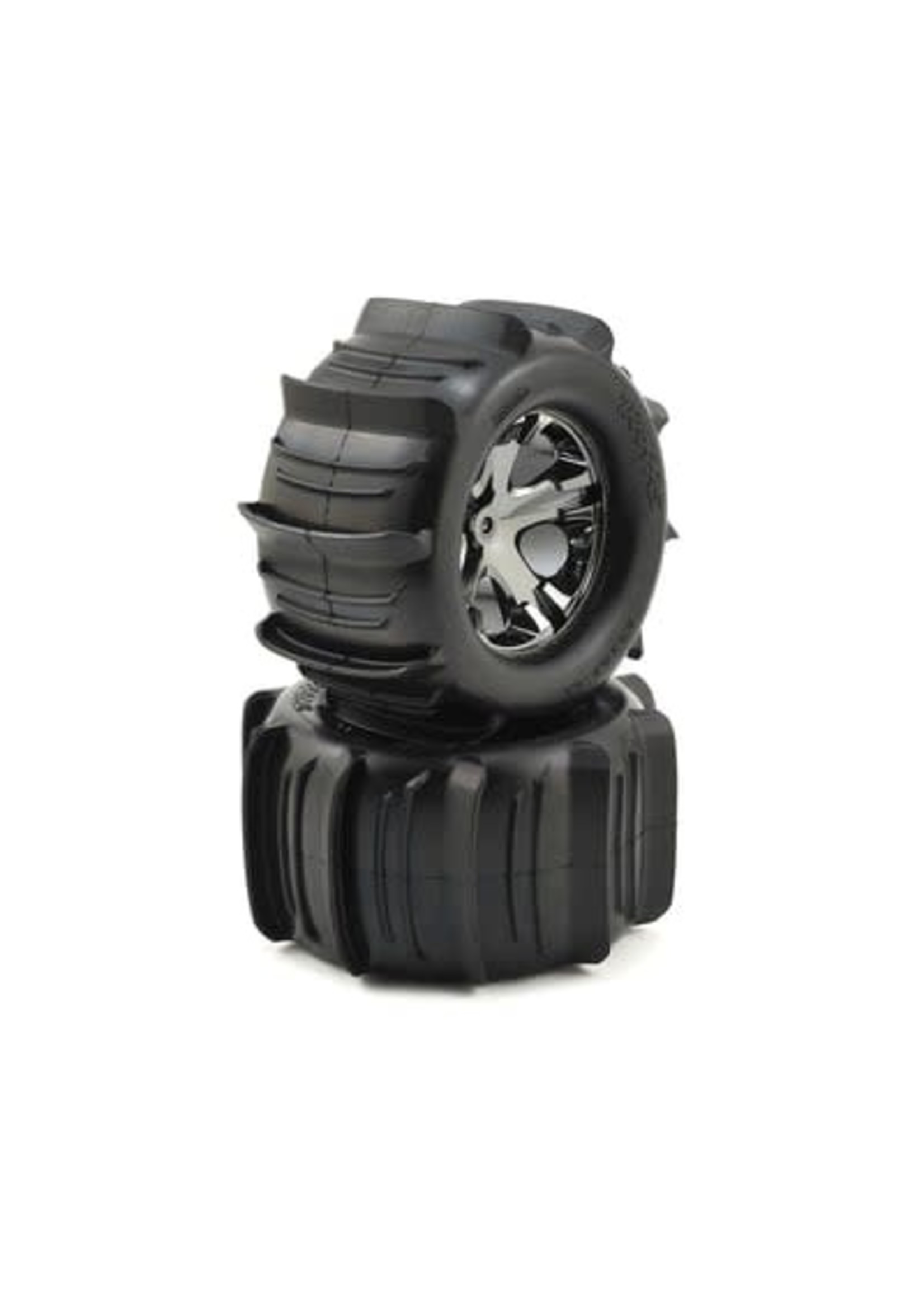 Traxxas 3689 Tires & wheels, assembled, glued (2.8') (All-Star black chrome wheels, paddle tires, foam inserts) (2WD electric rear) (2) (TSM rated)