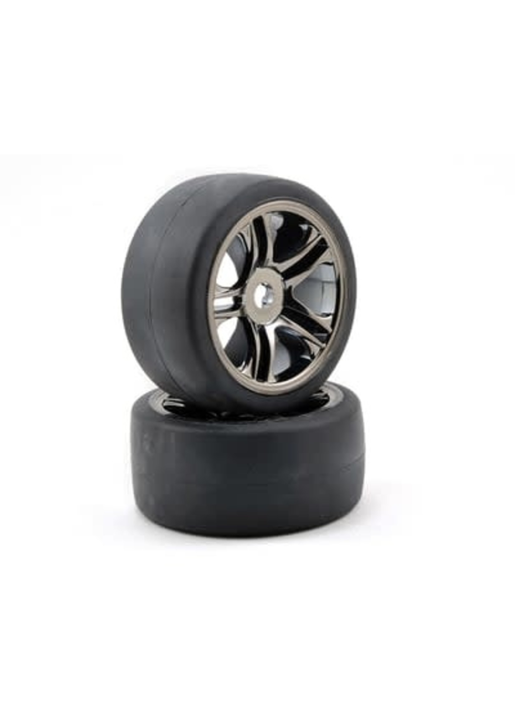Traxxas 6477 Tires & wheels, assembled, glued (split-spoke, black chrome wheels, slick tires (S1 compound), foam inserts) (rear) (2)