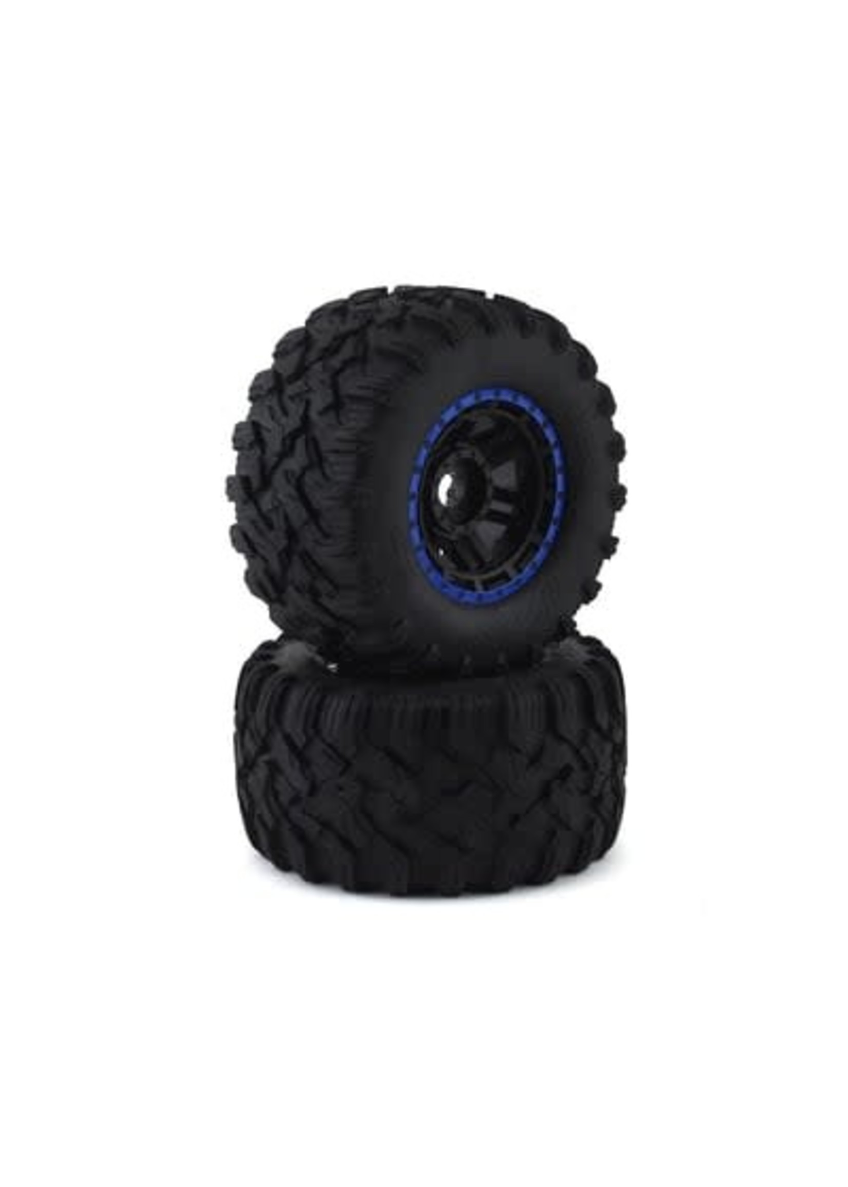 Traxxas 8972A Tires & wheels, assembled, glued (black, blue beadlock style wheels, Maxx MT tires, foam inserts) (2) (17mm splined) (TSM rated)