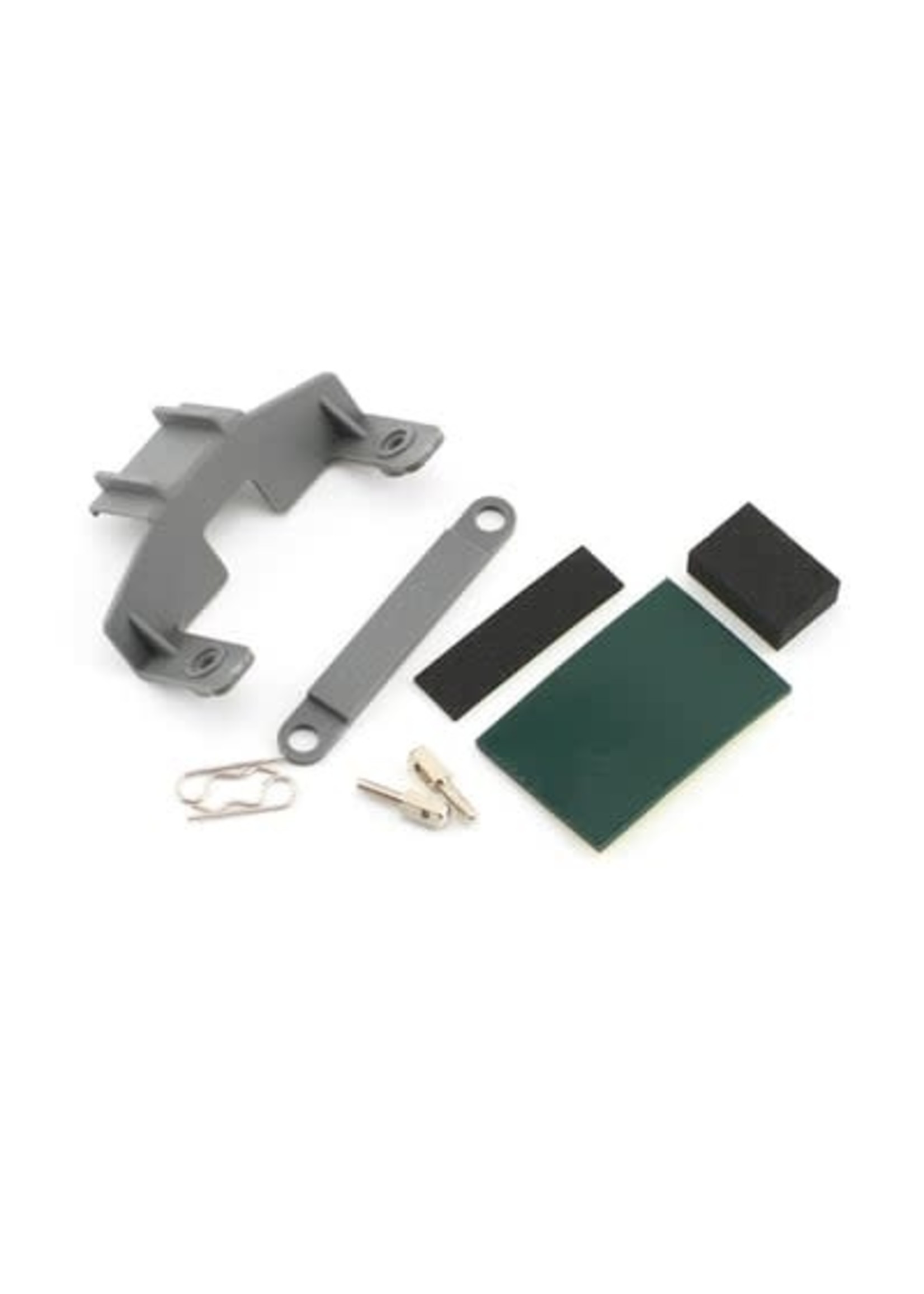 Traxxas 3627X Battery hold-down (grey) (1) / receiver hold-down (grey) (1) / metal posts (2)/ spacers (2)/ body clips (2)/ servo tape/ adhesive foam pad