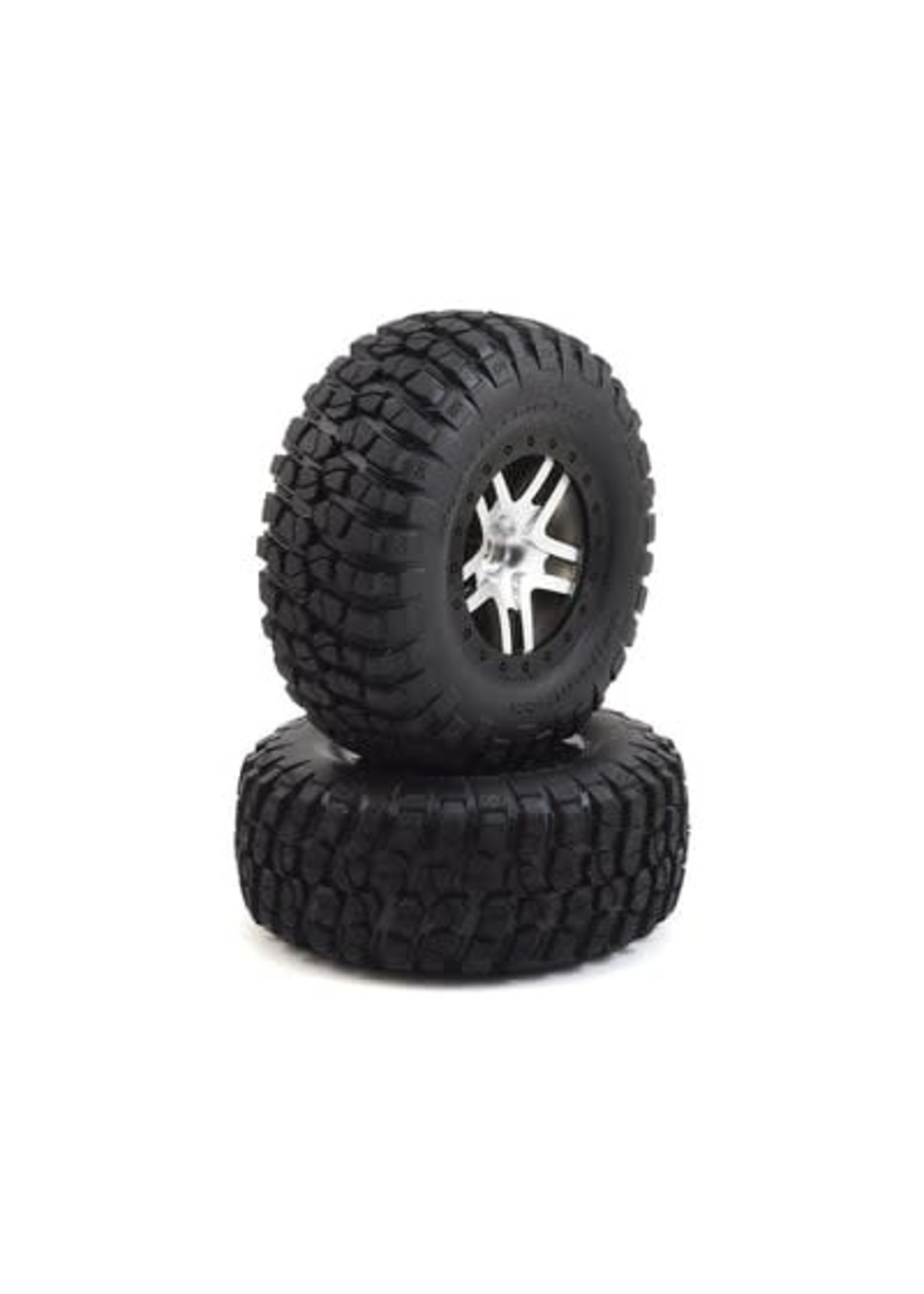 Traxxas Tires & wheels, assembled, glued (SCT Split-Spoke satin chrome, black beadlock style wheels, BFGoodrich Mud-Terrain  T/A KM2 tires, foam inserts) (2) (4WD f/r, 2WD rear) (TSM rated)