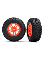 Traxxas Tires & wheels, assembled, glued (SCT Split-Spoke orange wheels, SCT off-road racing tires, foam inserts) (2) (4WD f/r, 2WD rear) (TSM rated)