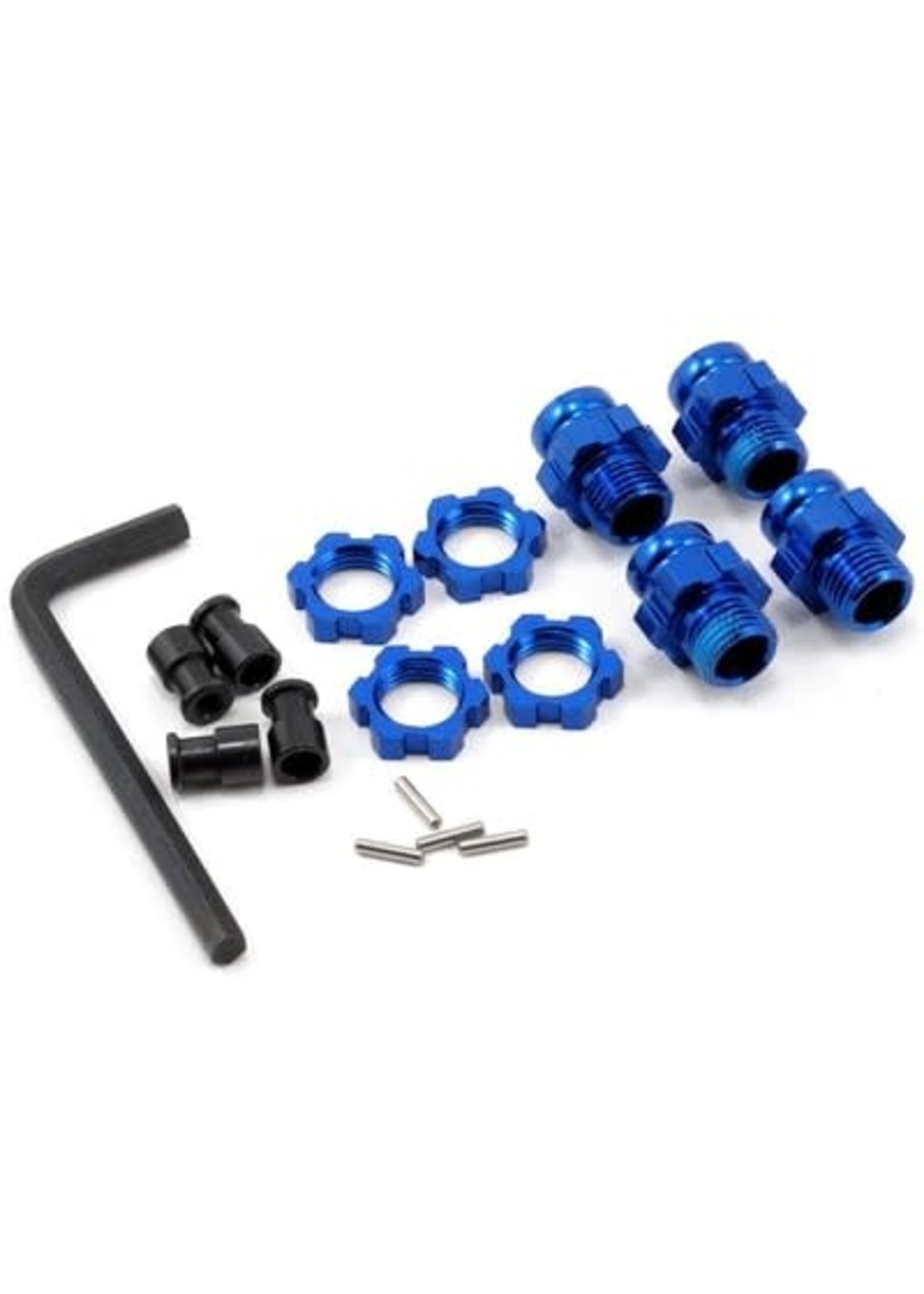 Traxxas 6856X Wheel hubs, splined, 17mm, short (4)/ wheel nuts, splined, 17mm (4) (blue-anodized)/ hub retainer M4 X 0.7 (4)/ axle pin (4)/ wrench, 5mm