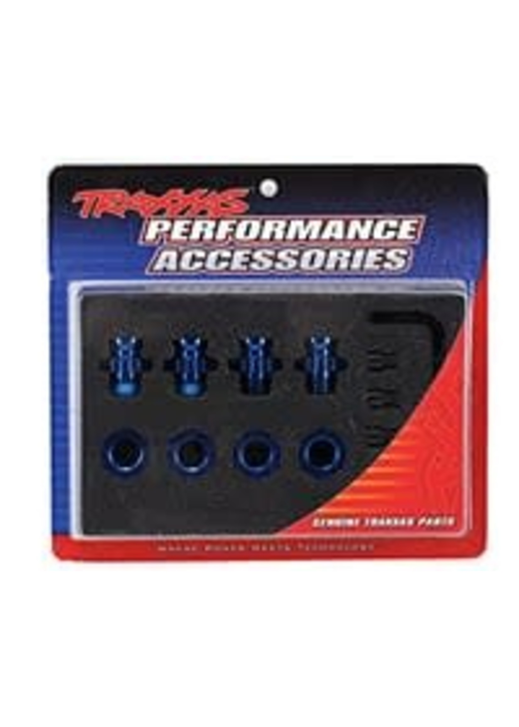 Traxxas 6856X Wheel hubs, splined, 17mm, short (4)/ wheel nuts, splined, 17mm (4) (blue-anodized)/ hub retainer M4 X 0.7 (4)/ axle pin (4)/ wrench, 5mm