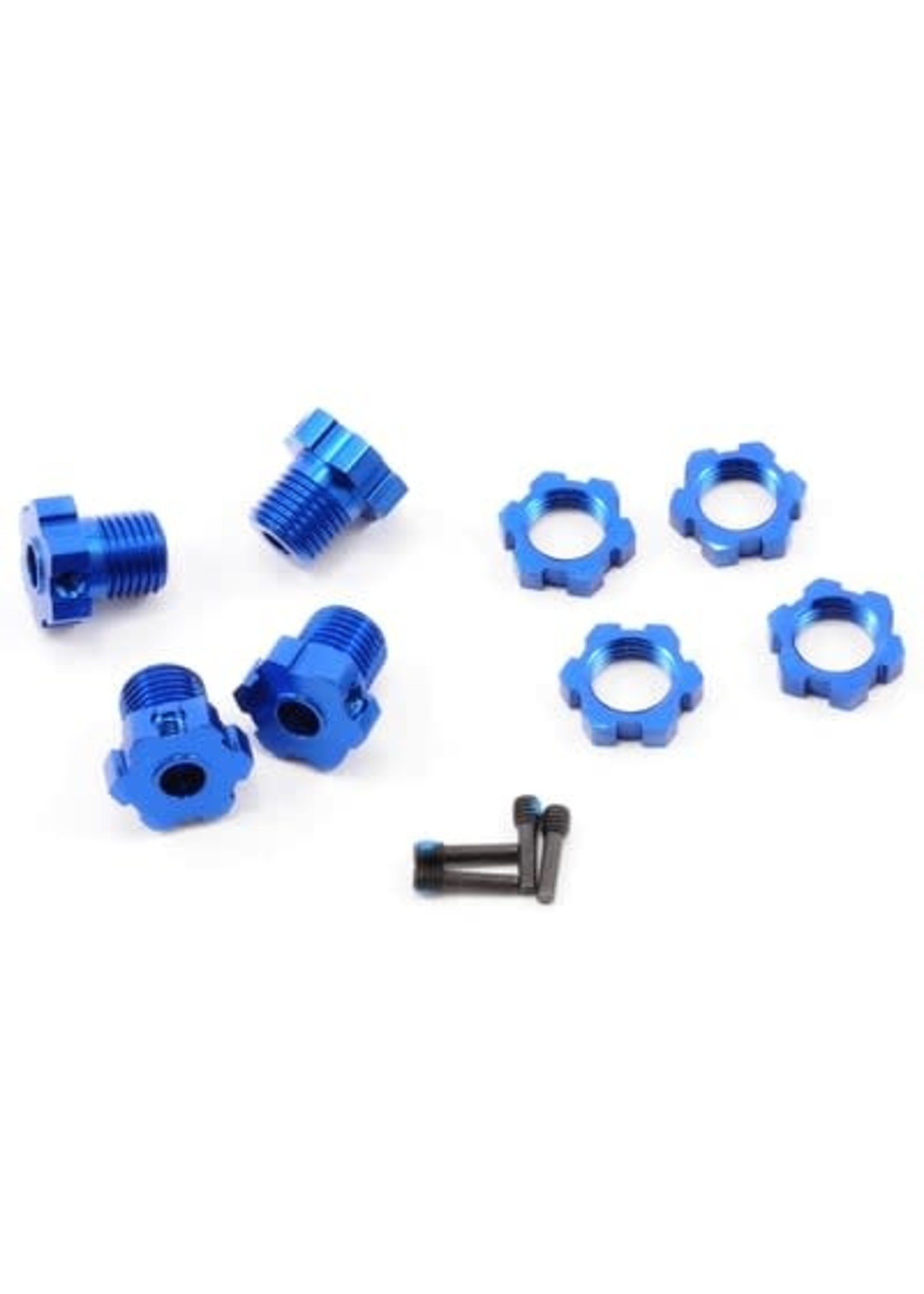 Traxxas 5353X Wheel hubs, splined, 17mm (blue-anodized) (4)/ wheel nuts, splined, 17mm (blue-anodized) (4)/ screw pins, 4x13mm (with threadlock) (4)