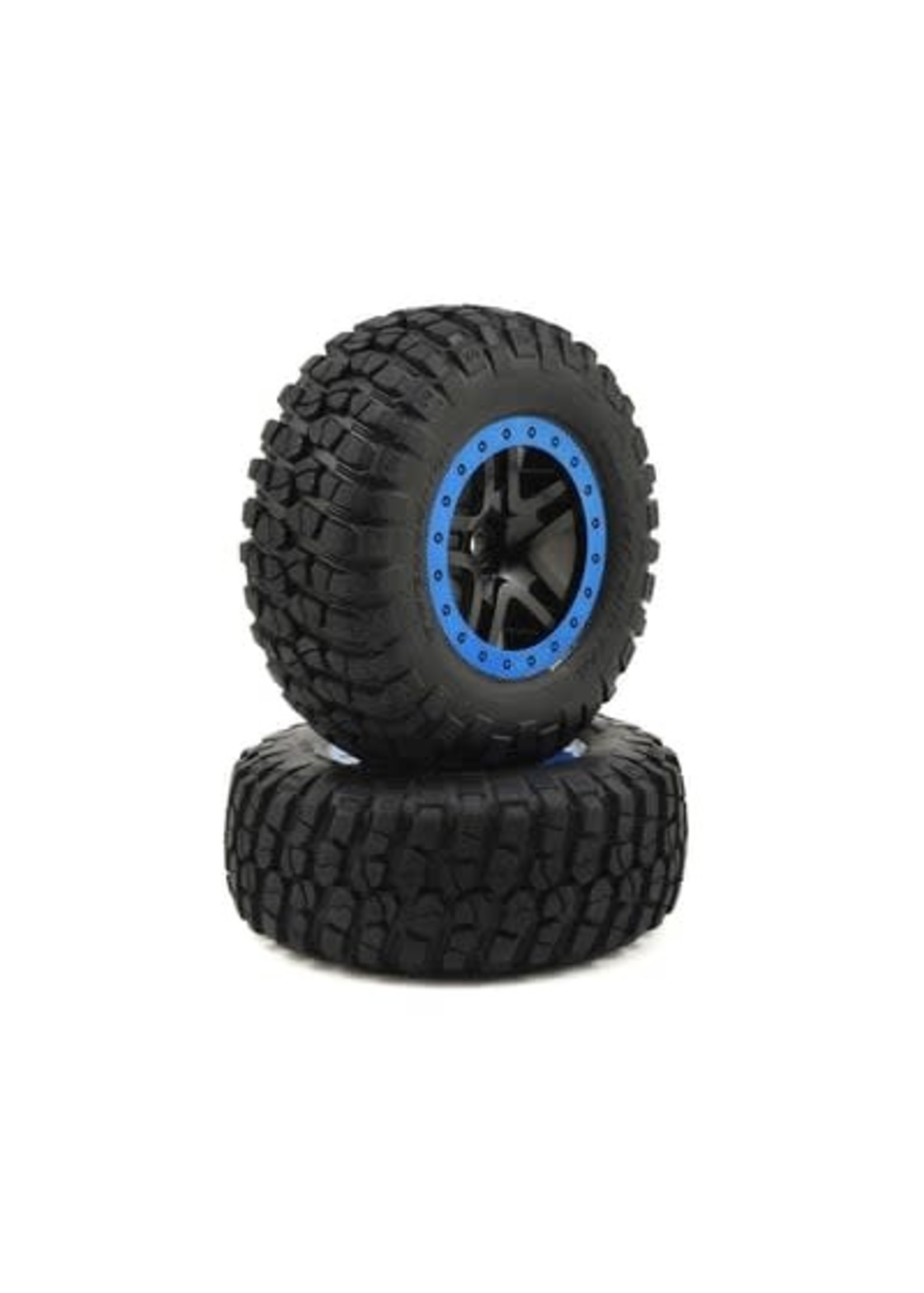 Traxxas Tire & wheel assy, glued (SCT Split-Spoke, black, blue beadlock wheels, BFGoodrich Mud-Terrain  T/A KM2 tire, inserts) (2) (4WD f/r, 2WD rear)