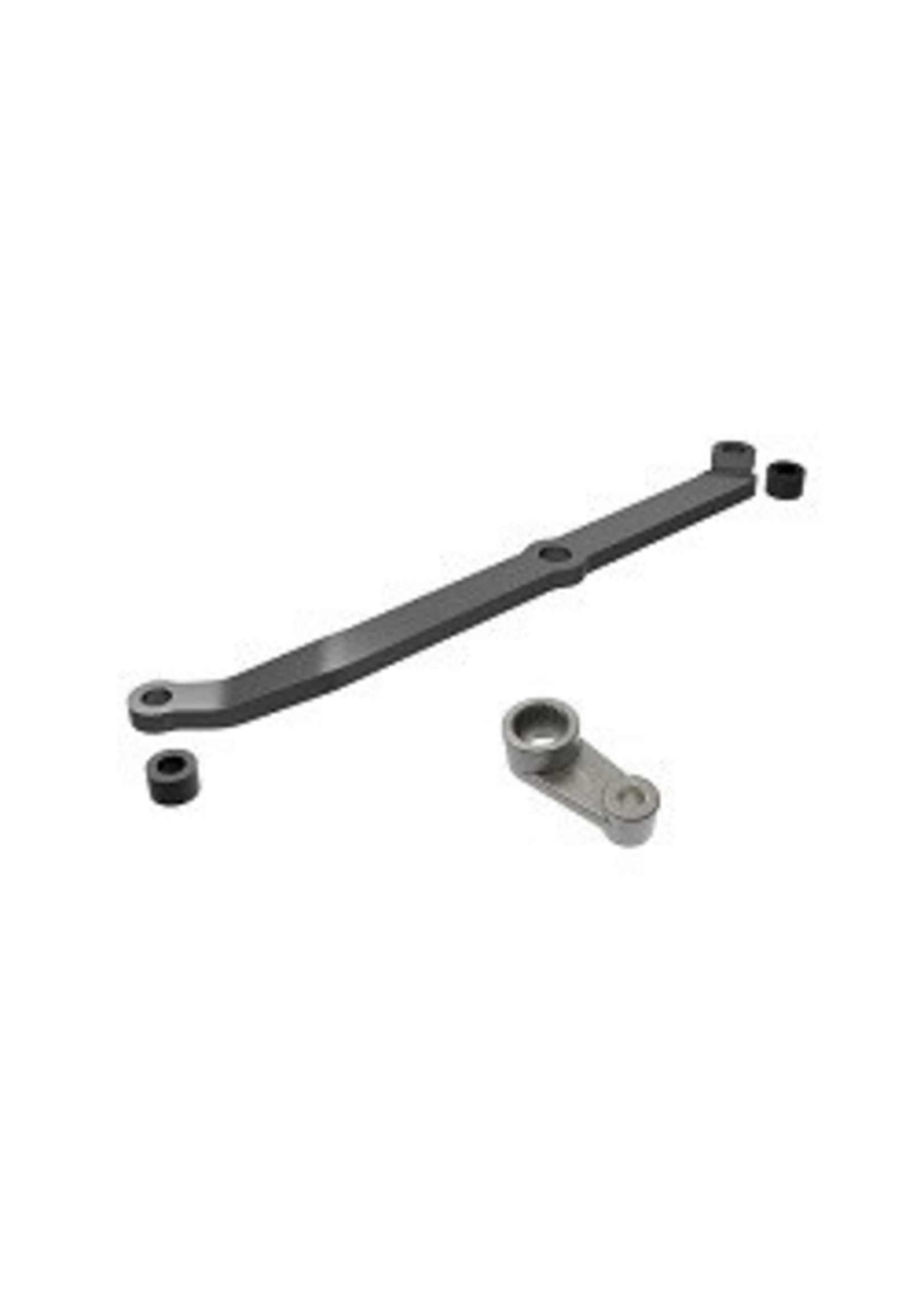 Traxxas Steering link, 6061-T6 aluminum (dark titanium-anodized)/ servo horn, metal/ spacers (2)/ 3x6mm CCS (with threadlock) (1)/ 2.5x7mm SS (with threadlock) (1)