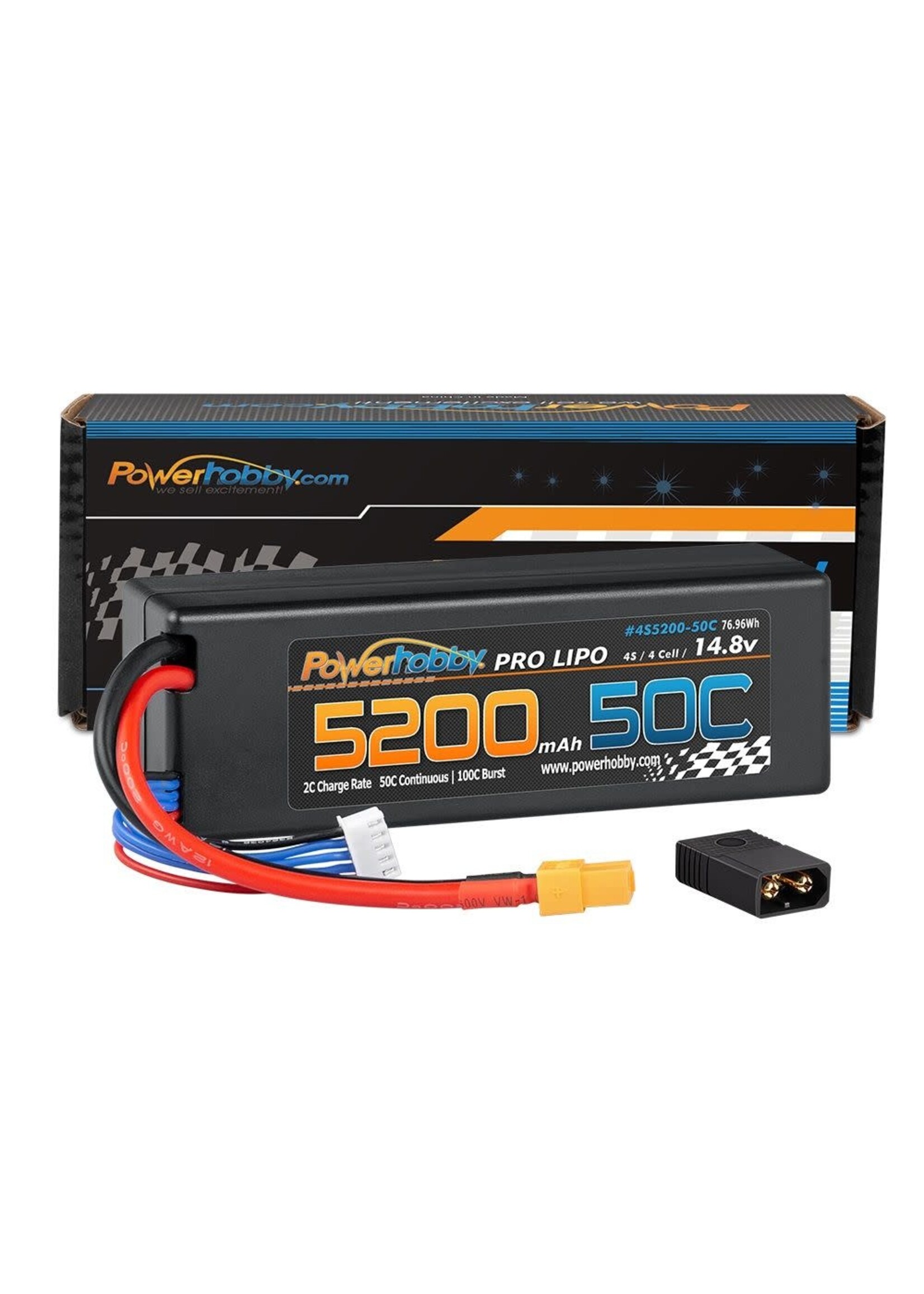 Power Hobby PHB4S520050LCGXT60 Powerhobby 4s 14.8v 5200mah 50c Lipo Battery w XT60 + Adapter Plug Hard Case LCG