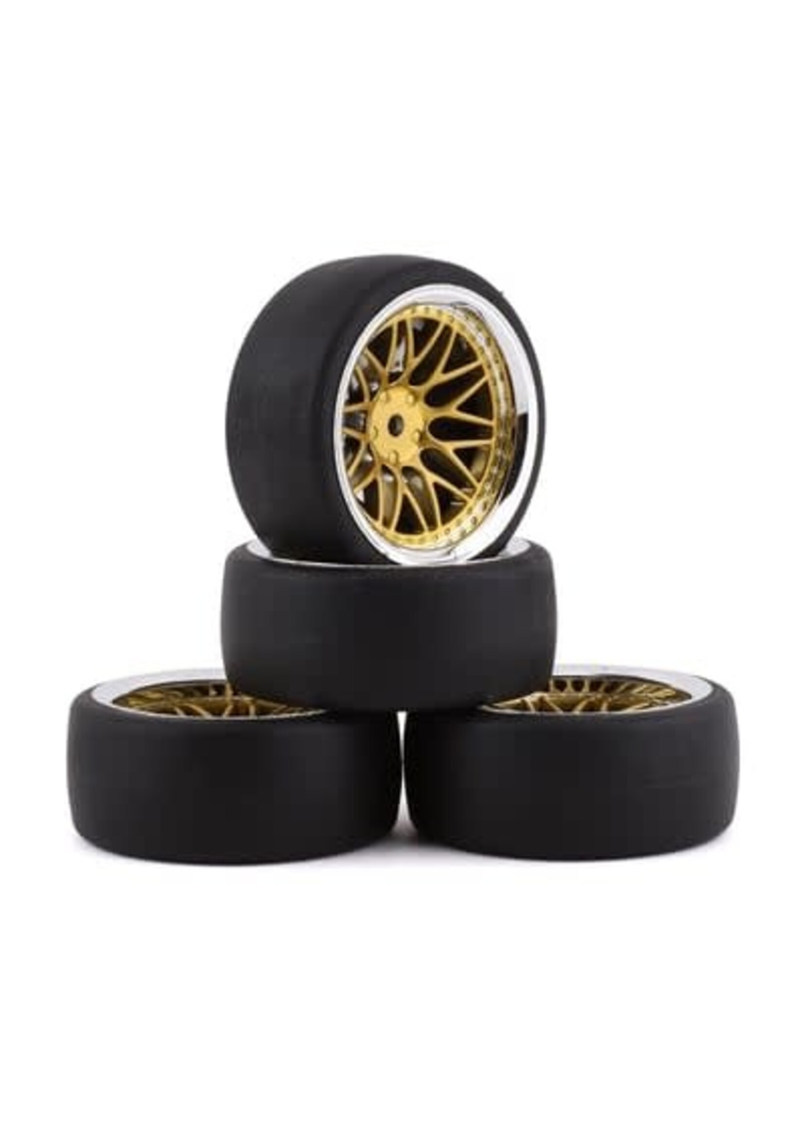 Yeah Racing YEA-WL-0099 Yeah Racing Spec D Pre-Mounted Drift Tires w/LS Mesh Wheels (Chrome/Gold) (4) w/12mm Hex & 6mm Offset