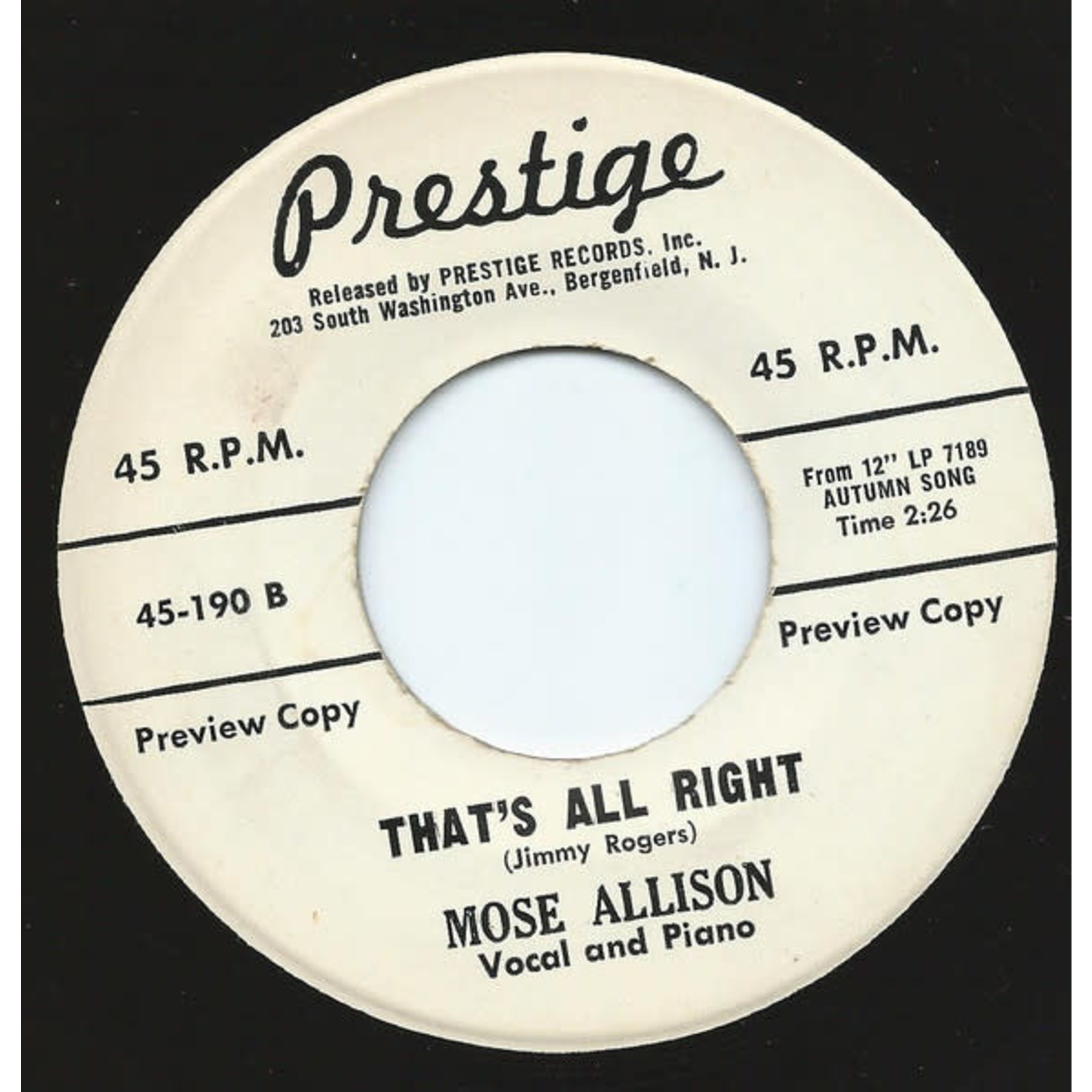 Prestige Mose Allison - Eyesight to the Blind / That's All Right (7") [Preview] {VG+}