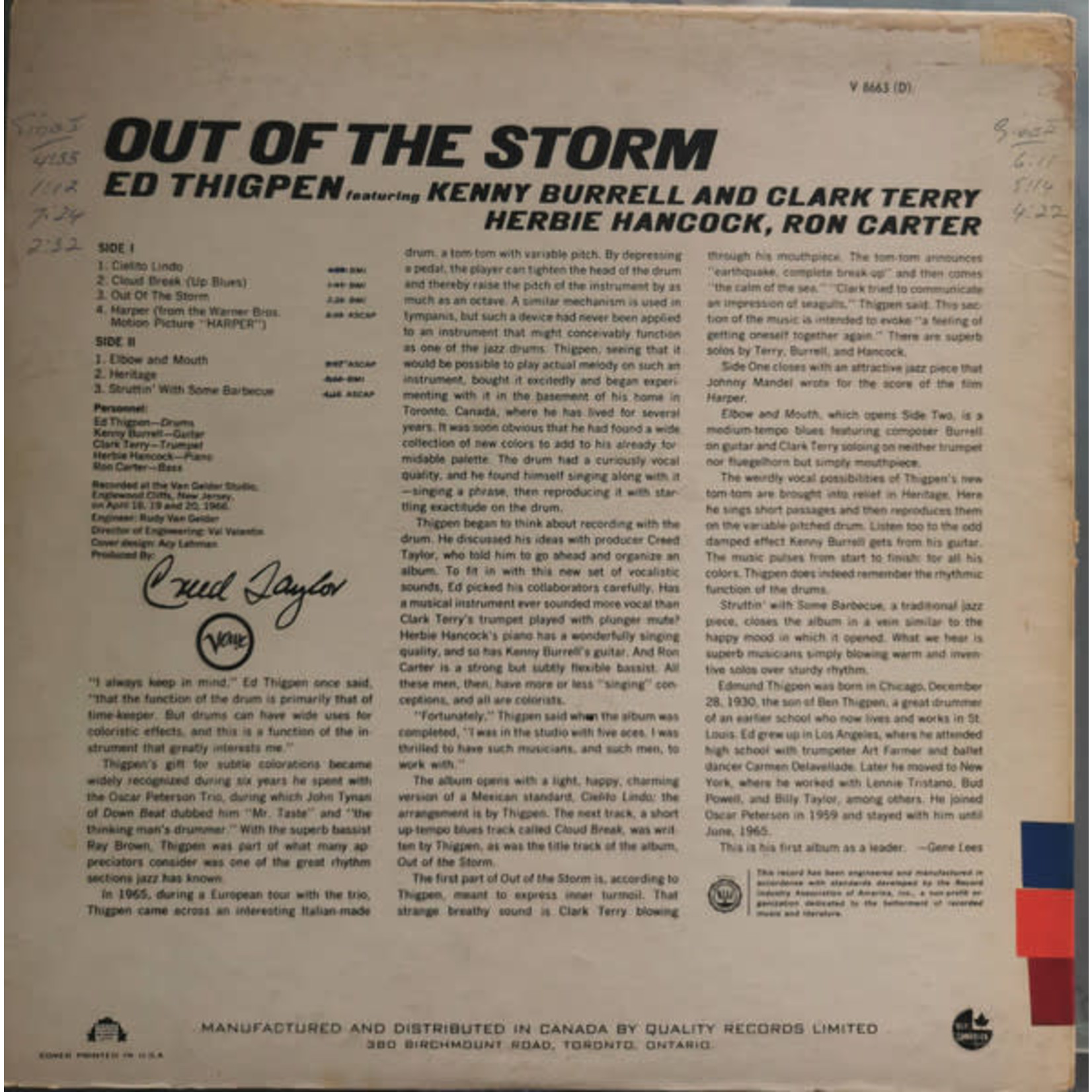 Verve Ed Thigpen ‎- Out Of The Storm (LP) [Test Pressing] {VG+}