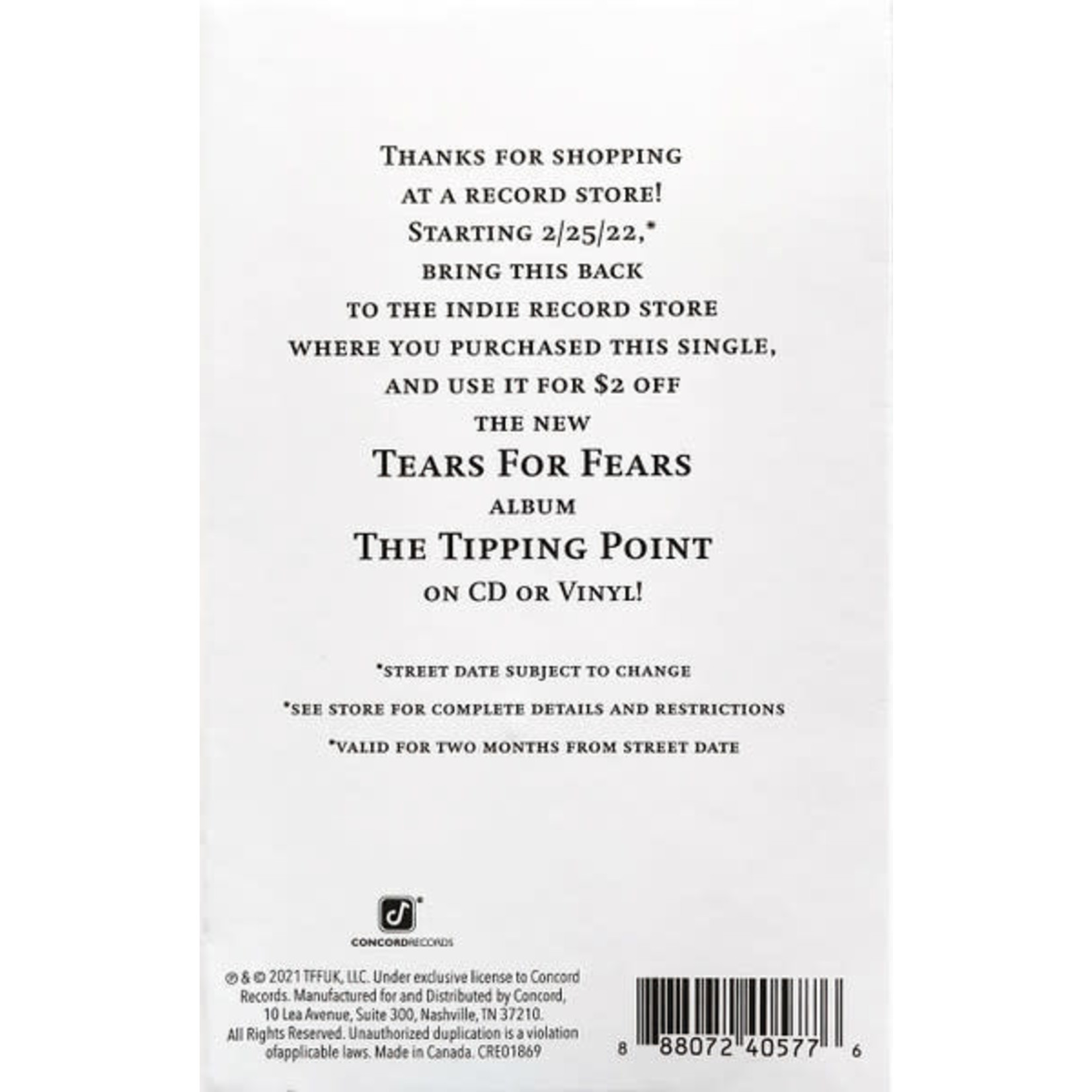 Concord Tears For Fears - The Tipping Point / No Small Thing (Tape)
