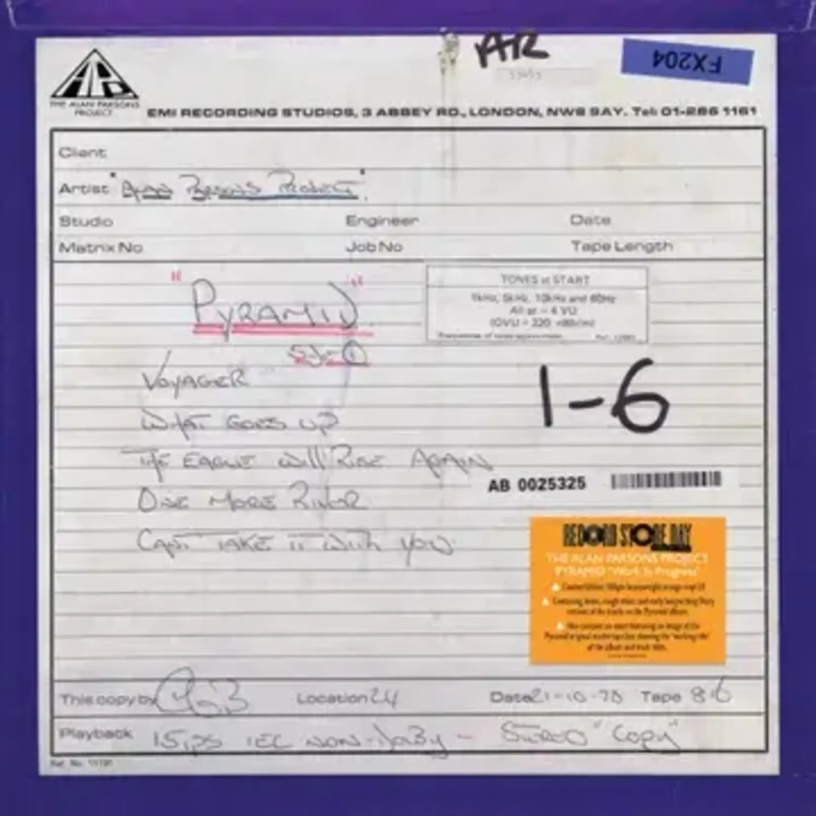 Record Store Day 2008-2024 Alan Parsons Project - Pyramid 'Work In Progress' (LP) [Orange]