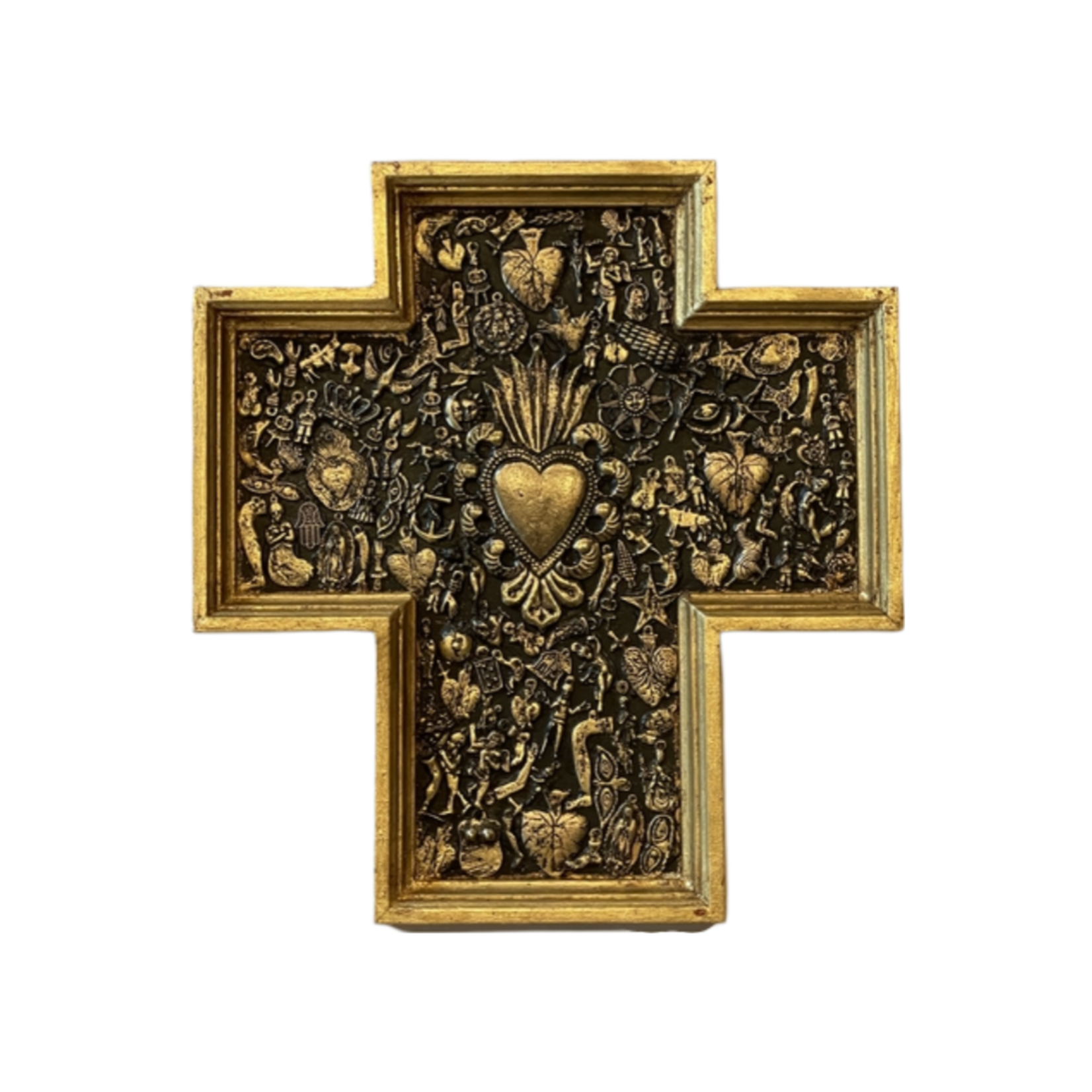 BUGANVILLA IMPORTS GILDED CROSS WITH MILAGROS AND LARGE HEART