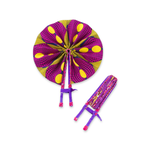 SWAHILI IMPORTS ASSORTED ANKARA AFRICAN HAND FANS WITH PURPLE PINK LEATHER
