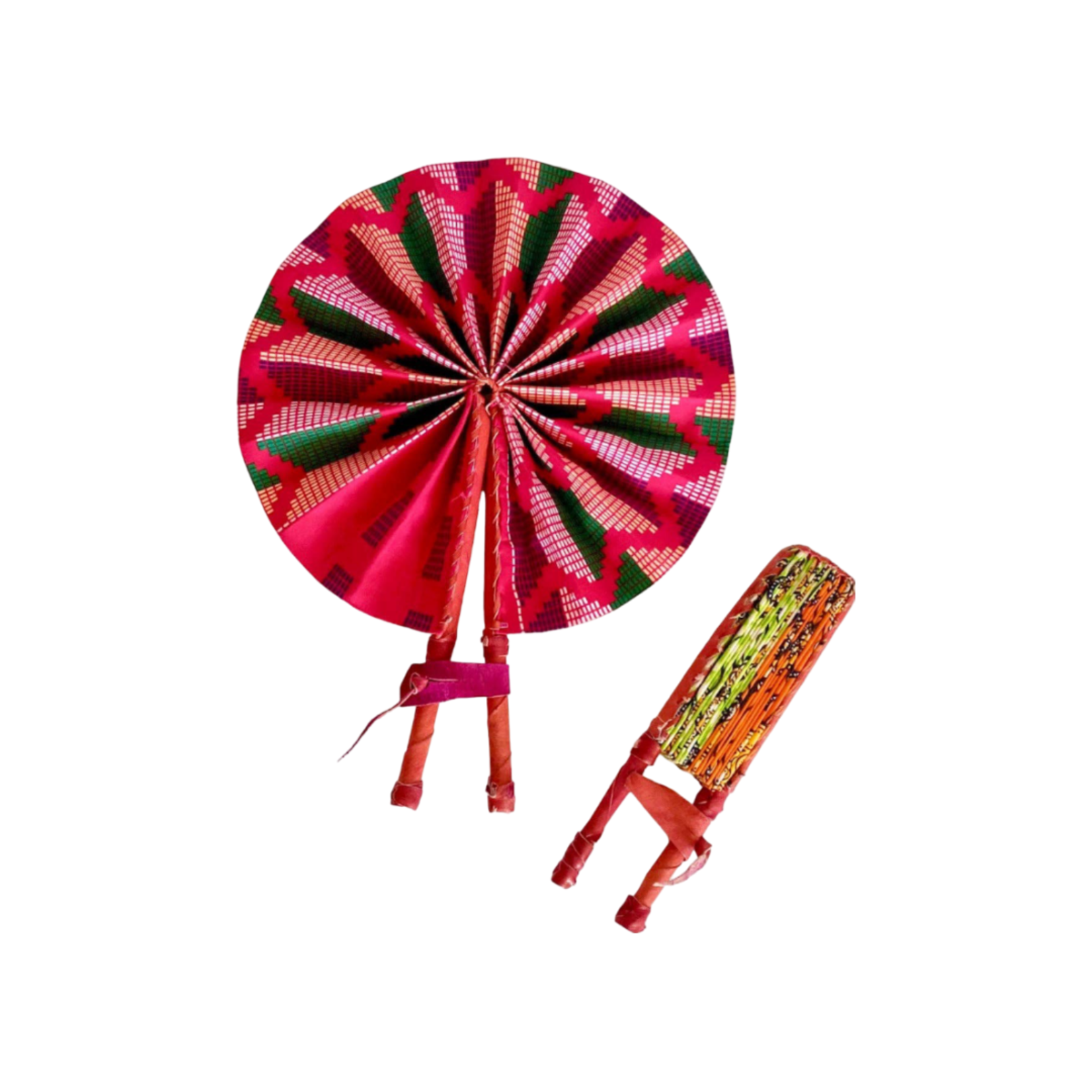 AFRICAN MODERN ASSORTED ANAKARA AFRICAN HAND FAN WITH RED LEATHER HANDLES