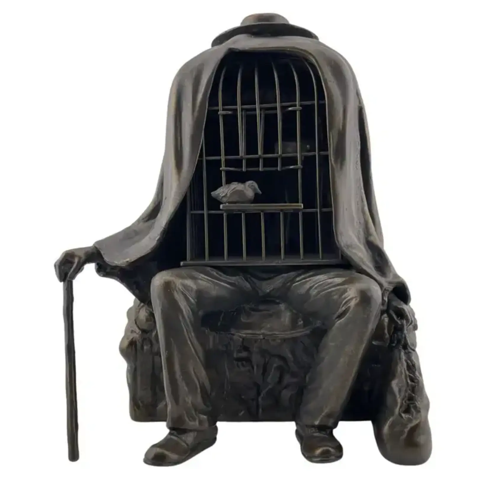 MUSEUM WHOLESALE INC MAGRITTE HEALER LE THERAPEUTE MAN WITH BIRDCAGE BODY SEATED ON ROCK SURREALISM STATUE 7.75H