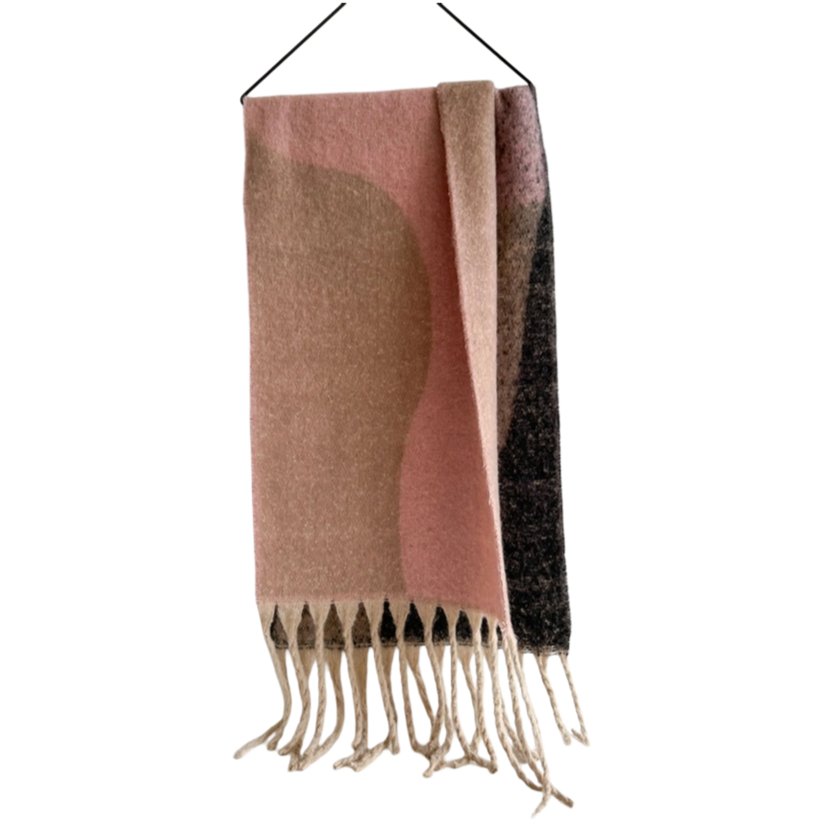 GEOMETRIC FRINGE WOOL SCARF BLK PINK