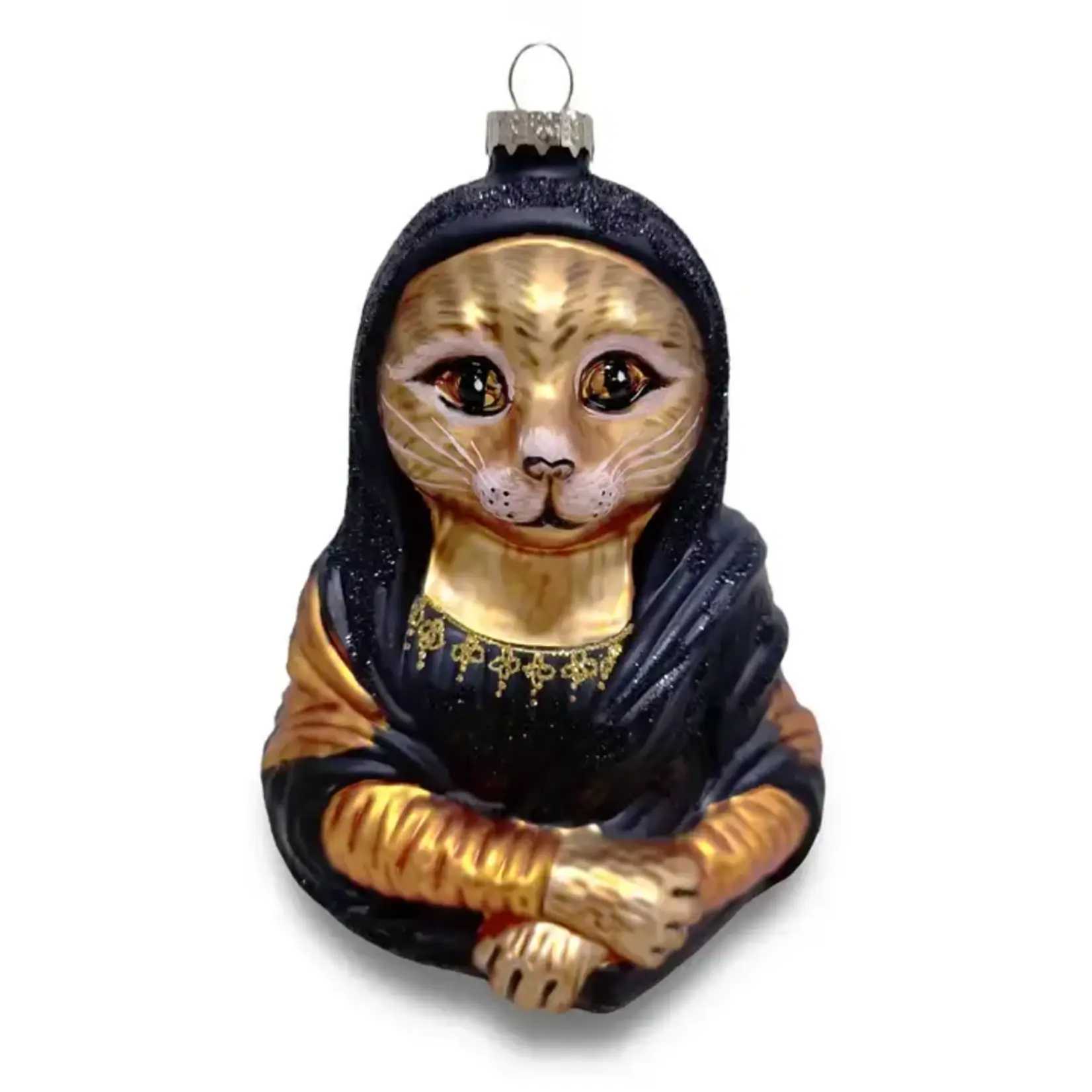 ORANGE TABBY MONA LISA CAT GLASS ORNAMENT