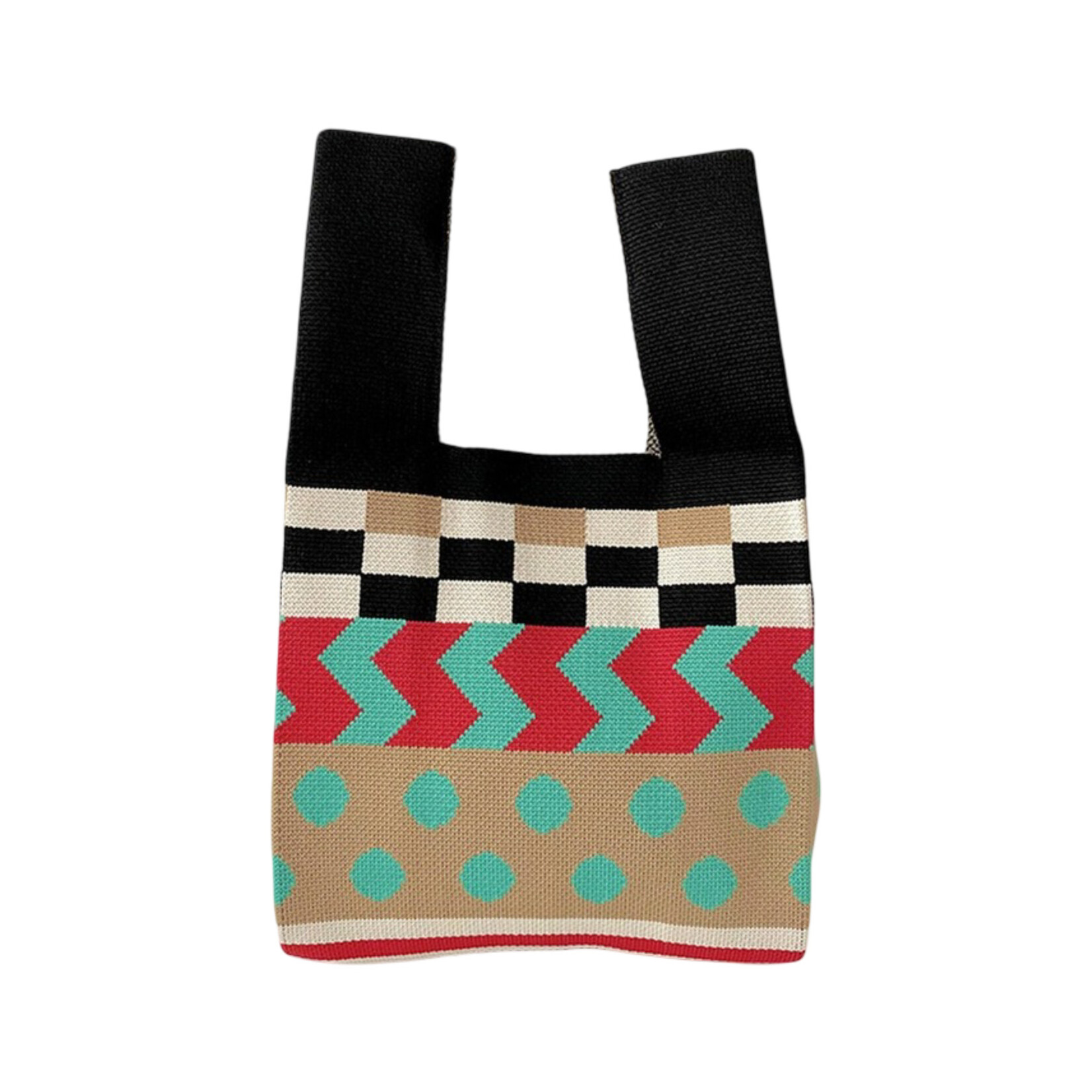 GREEN COLOR BLOCK POLA DOT KNITTED SHOULDER TOTE